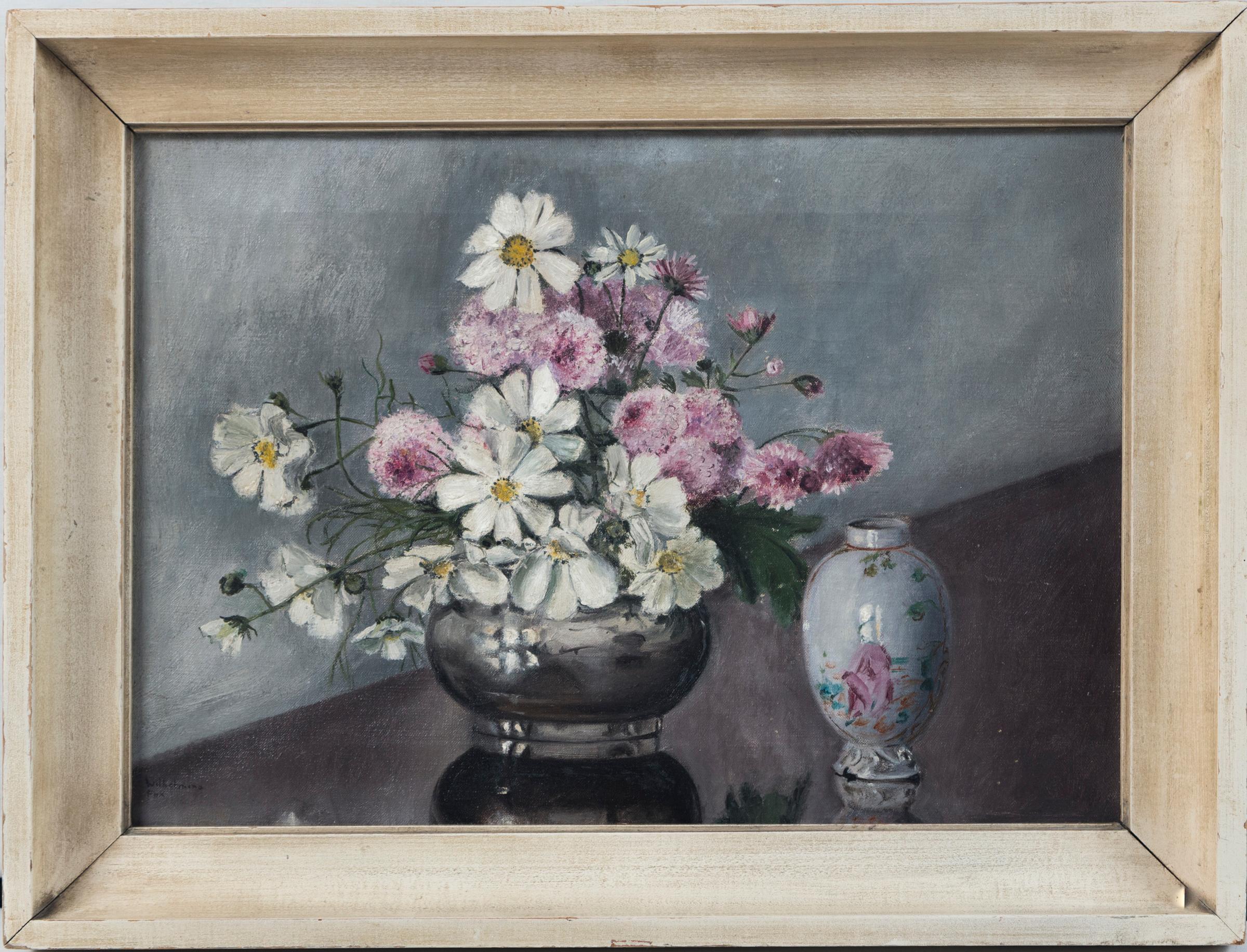 Folk Art Still Life, 'Flowers and Chinese Export Porcelain', early 20th century. Oil on canvas with original lacquered frame. A charming painting of cut flowers with antique Chinese export porcelain. Signed lower left. Professionally cleaned.