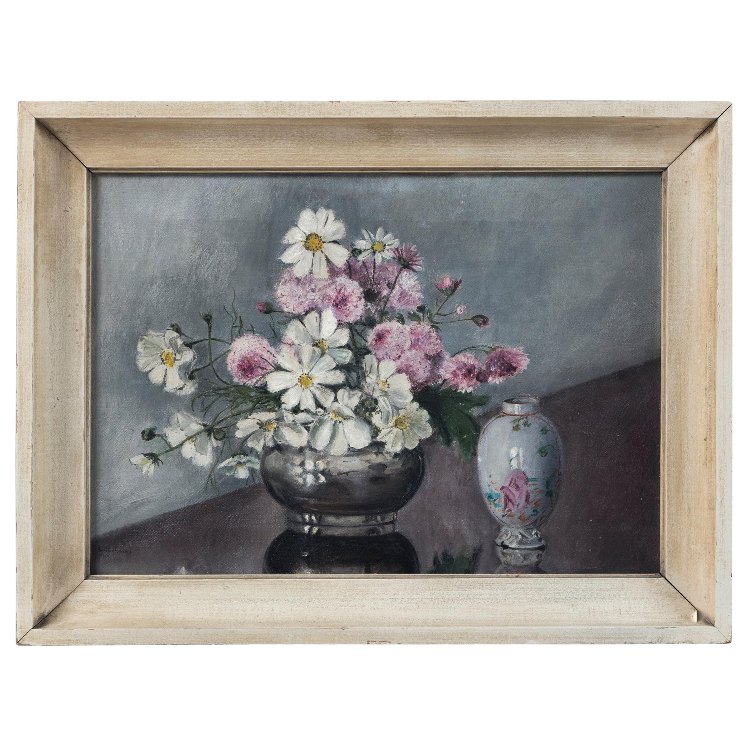 Folk Art Still Life, 'Flowers and Chinese Export Porcelain', Early 20th Century For Sale