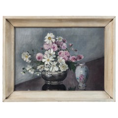 Antique Folk Art Still Life, 'Flowers and Chinese Export Porcelain', Early 20th Century