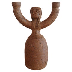 Folk Art Stoneware Candlestick, Woman with Two Faces