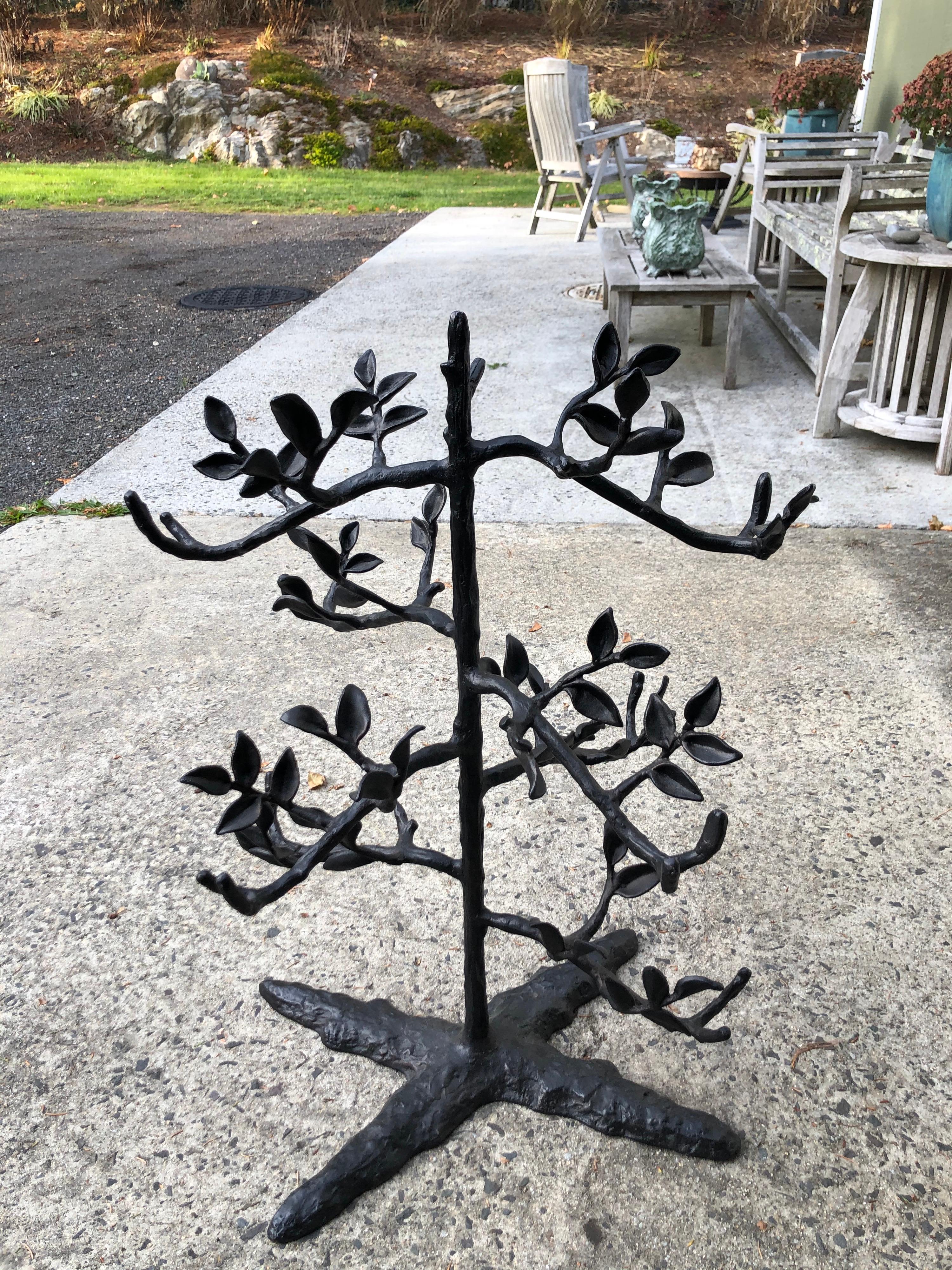 Folk Art Large table top black metal 6 bottle wine holder in the shape of a tree. For Sale