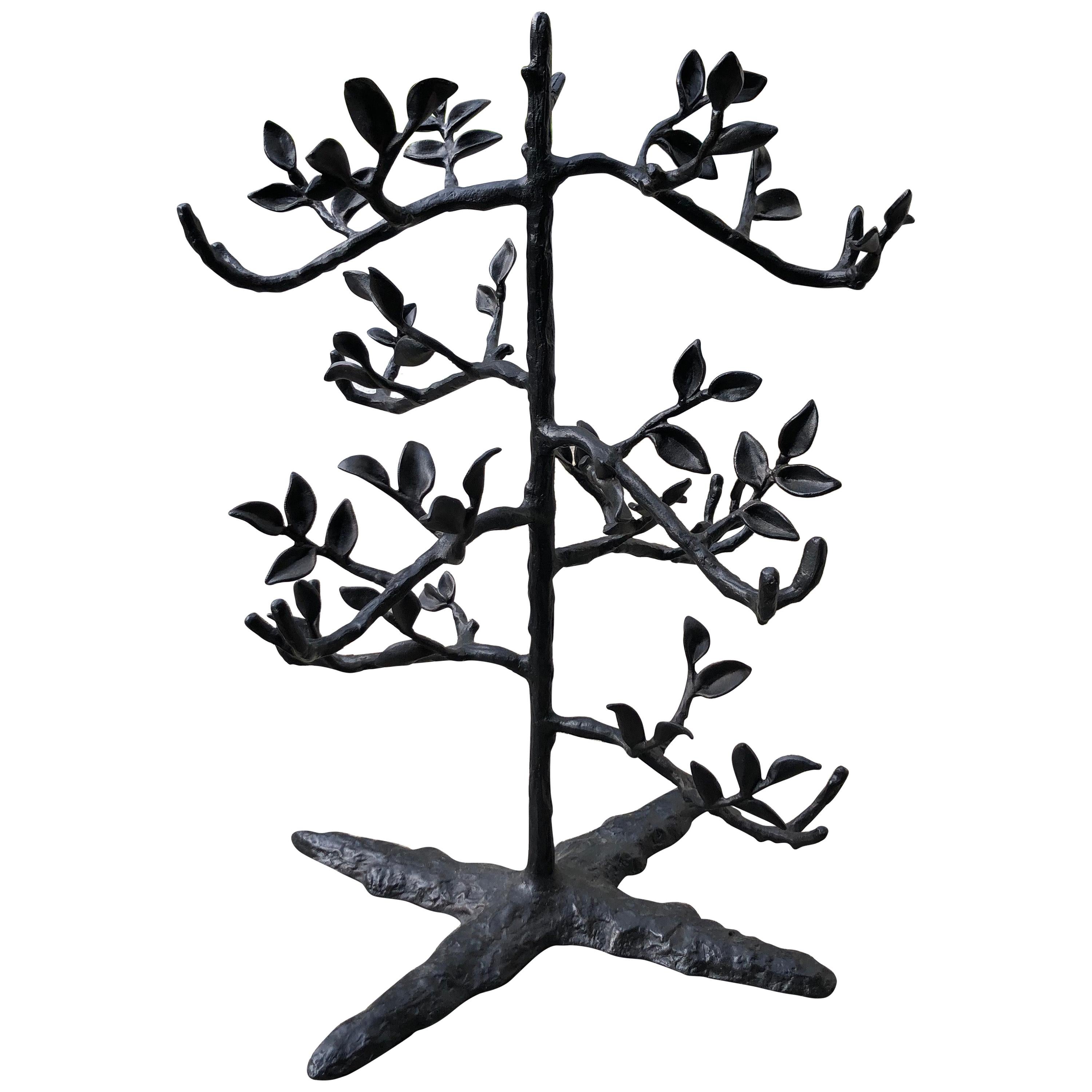 Large table top black metal 6 bottle wine holder in the shape of a tree.