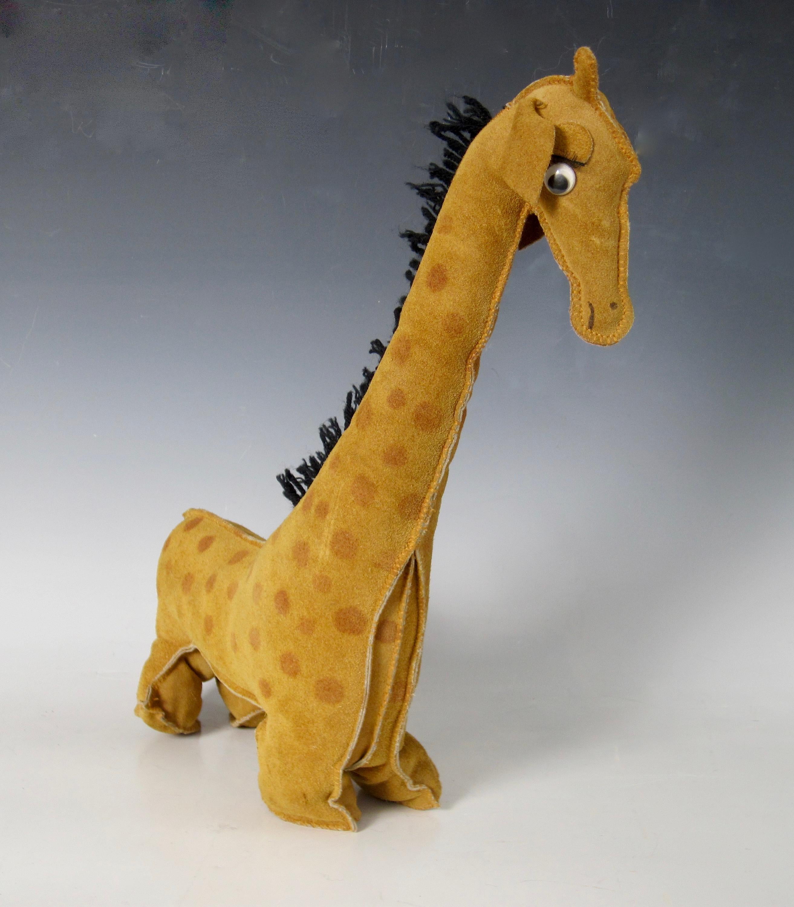 American Folk Art Suede Leather Giraffe Stuffed Animal For Sale