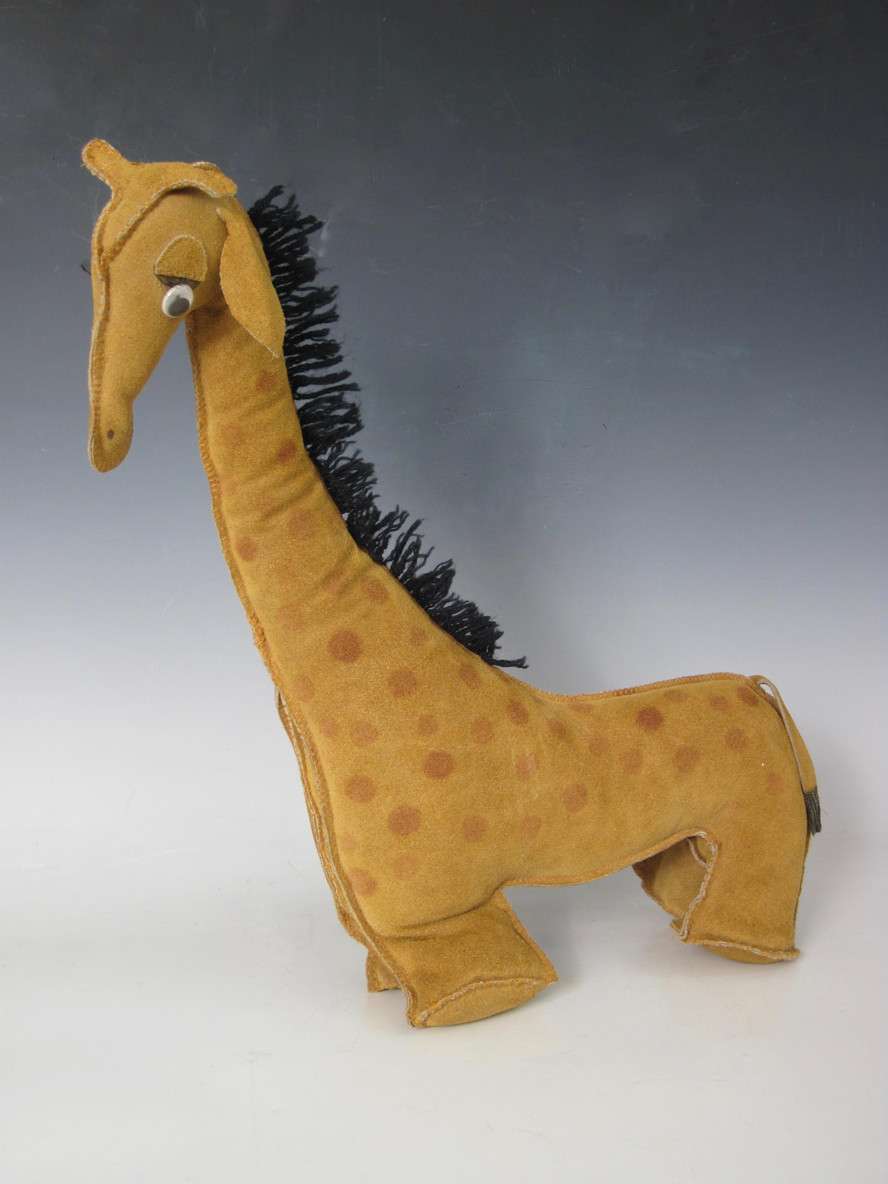 Hand-Crafted Folk Art Suede Leather Giraffe Stuffed Animal For Sale