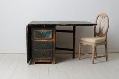 Folk Art Swedish Antique Drop-Leaf Dining Table with Drawers and Rustic Paint