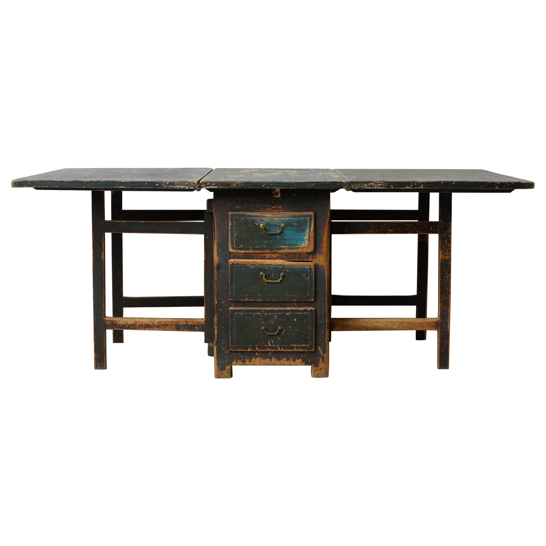 Folk Art Swedish Antique Drop-Leaf Dining Table with Drawers and Rustic Paint