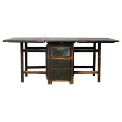 Folk Art Swedish Antique Drop-Leaf Dining Table with Drawers and Rustic Paint