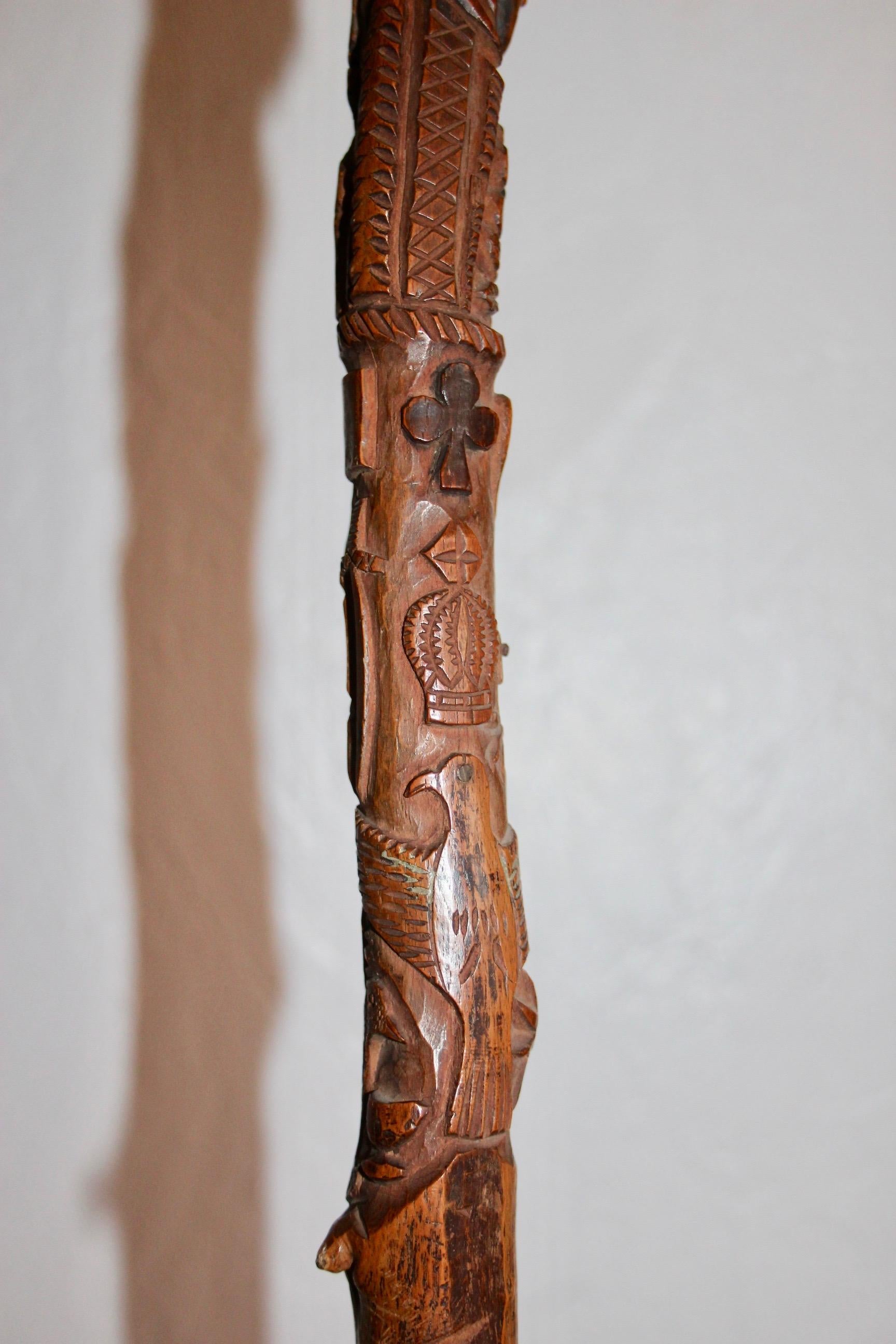Folk art Swiss or French carved shepherd's cane For Sale 7
