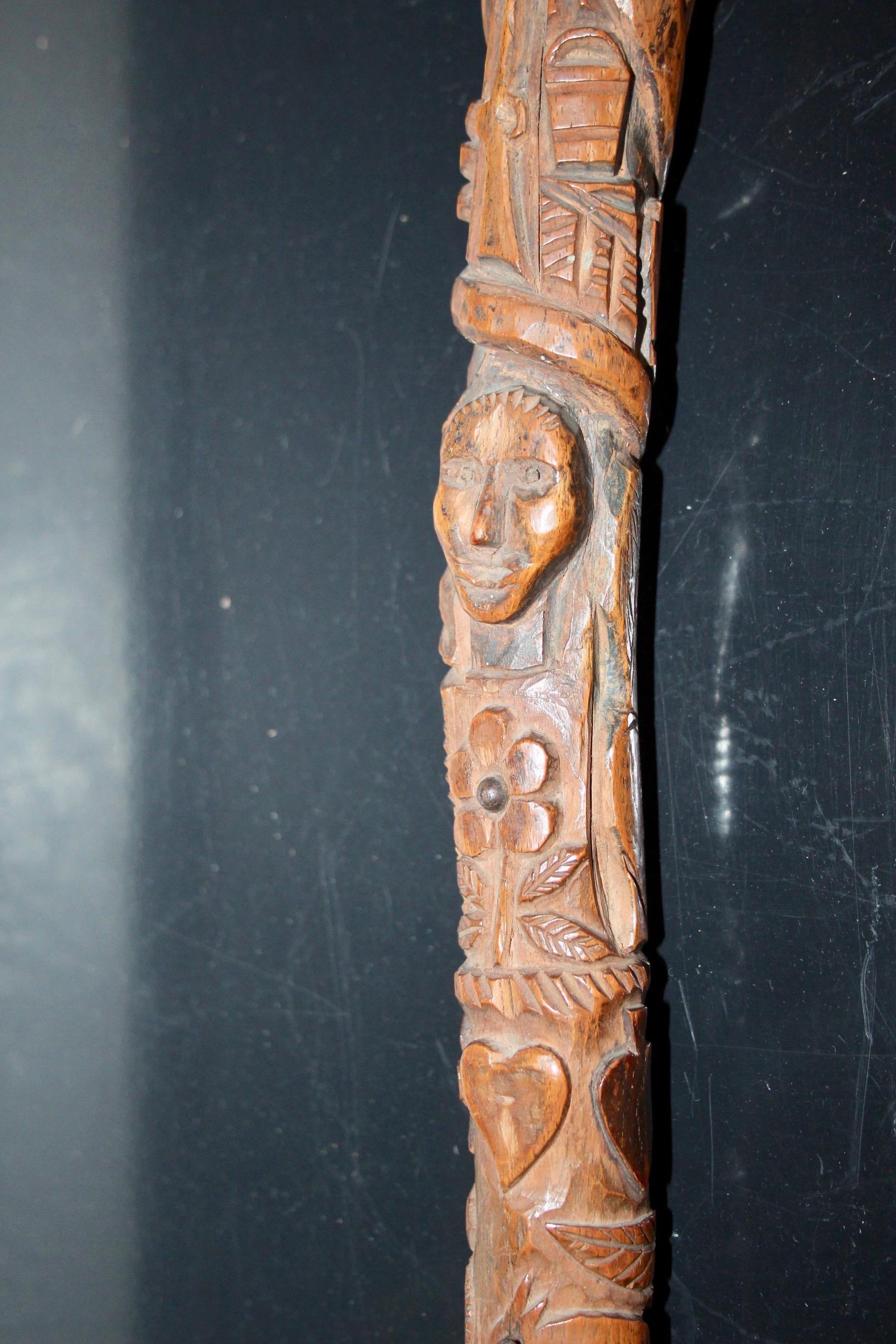 Folk art Swiss or French carved shepherd's cane For Sale 9