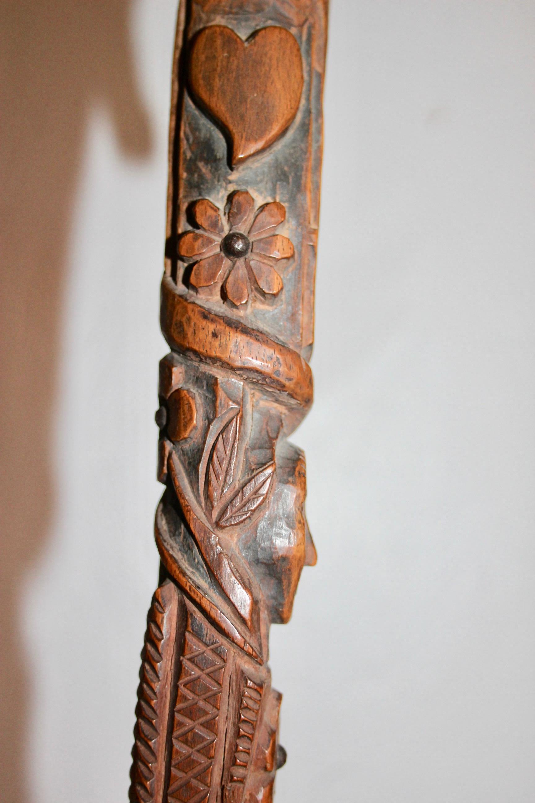 Folk art Swiss or French carved shepherd's cane For Sale 11