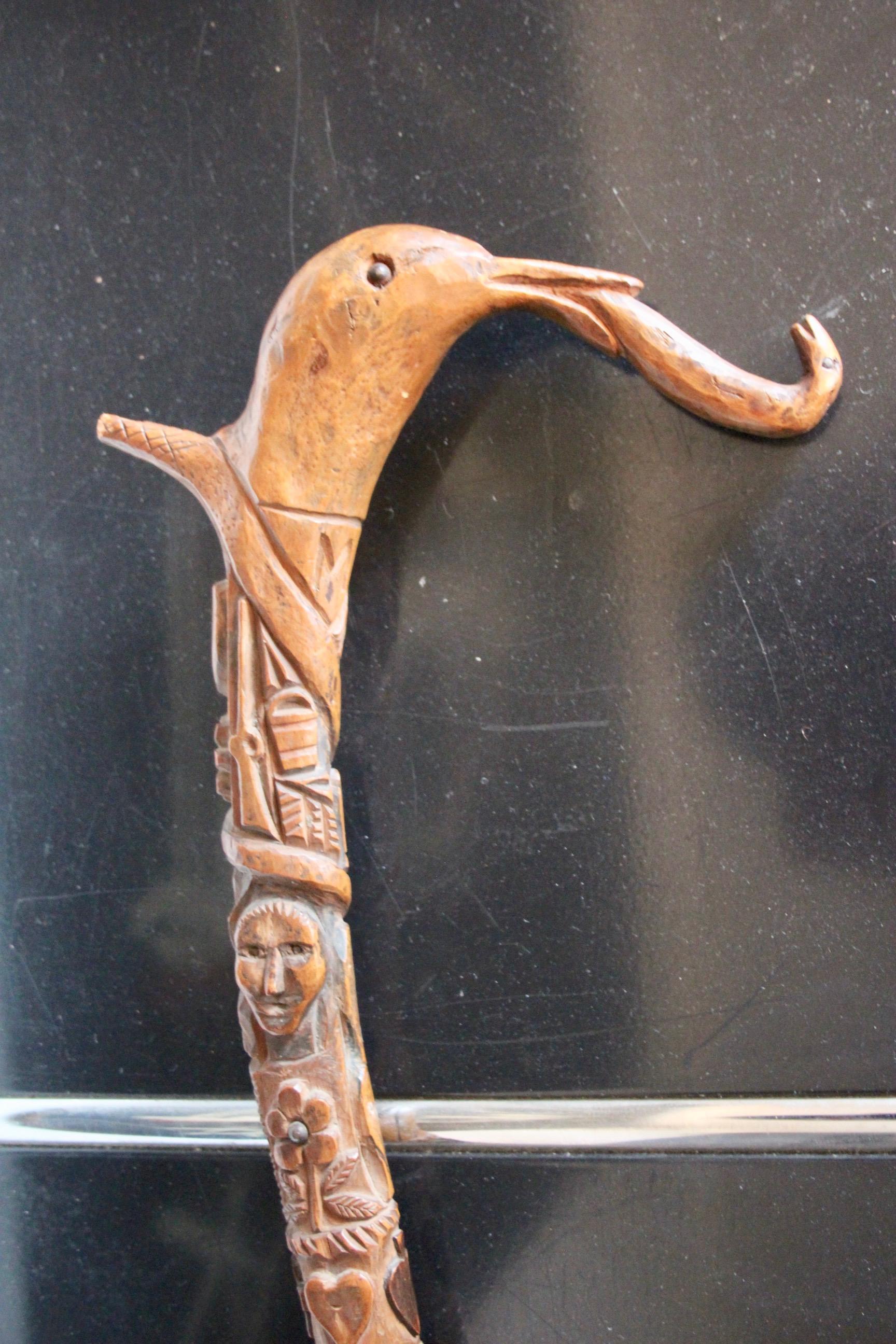 Wood Folk art Swiss or French carved shepherd's cane For Sale