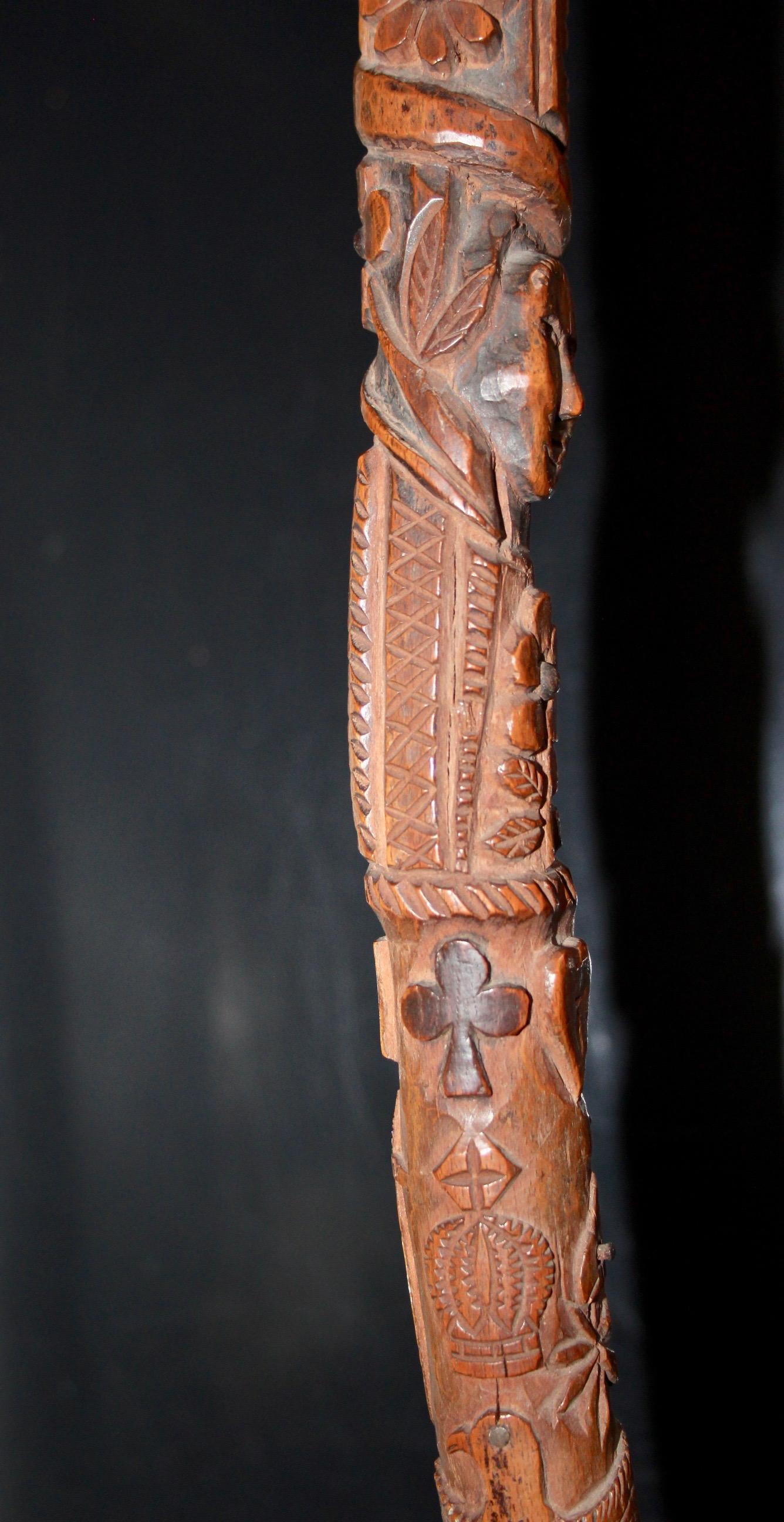Folk art Swiss or French carved shepherd's cane For Sale 1