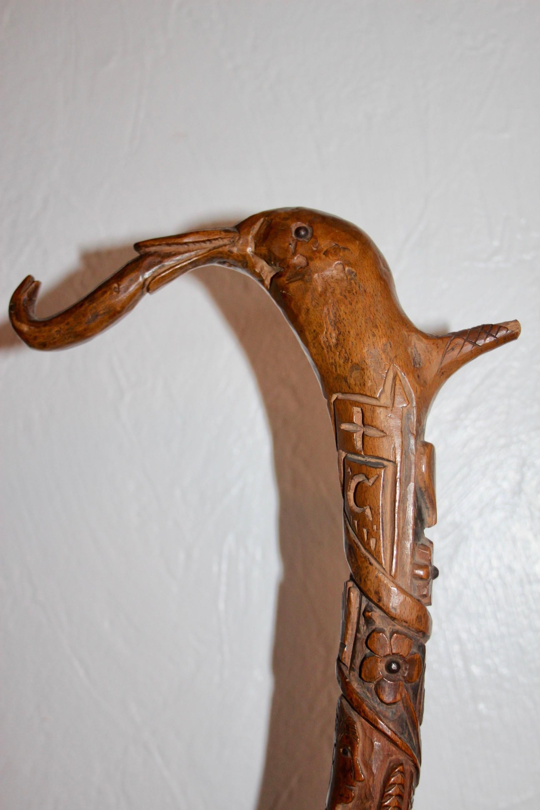 Folk art Swiss or French carved shepherd's cane For Sale 2