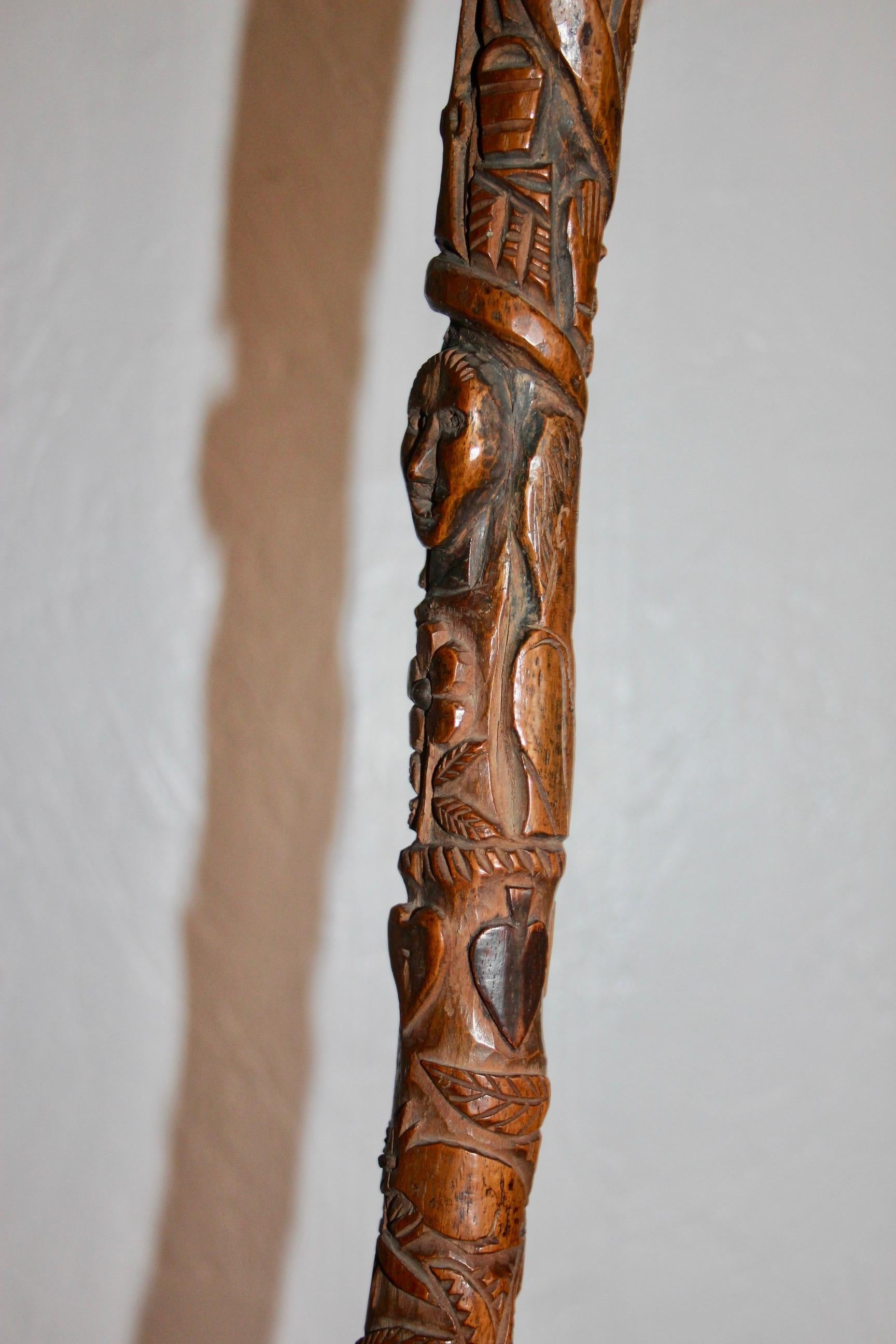 Folk art Swiss or French carved shepherd's cane For Sale 4