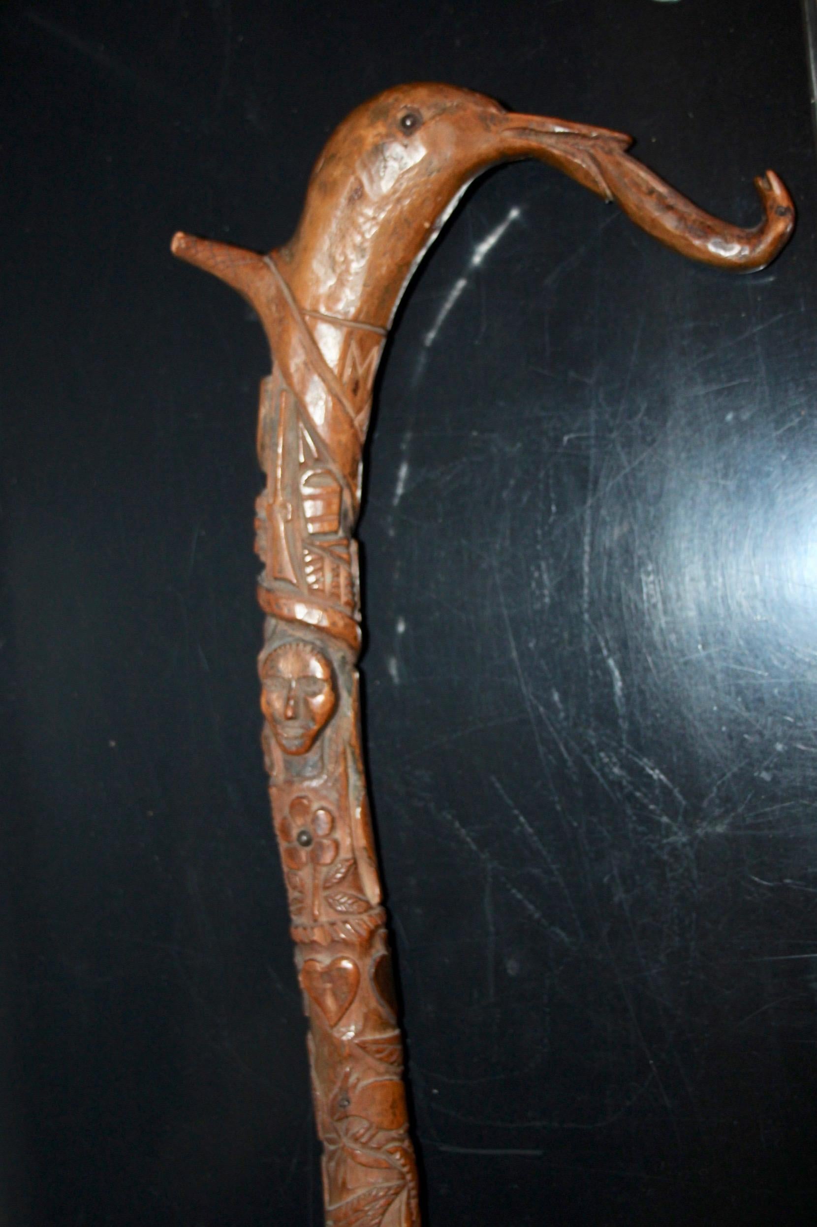 Folk art Swiss or French carved shepherd's cane For Sale 5