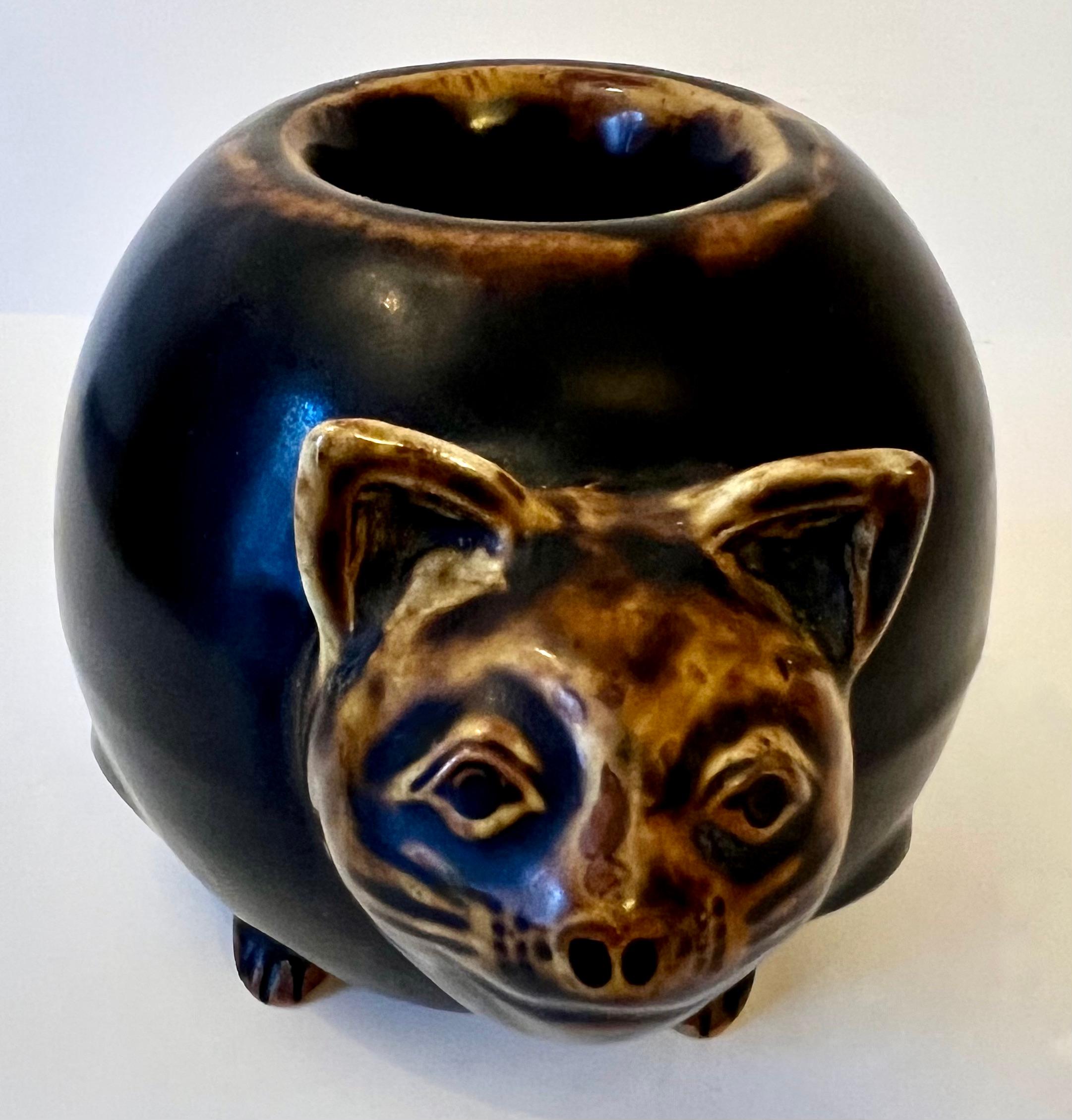 Glazed Folk Art Terracotta Cat Egg Cup or Votive For Sale