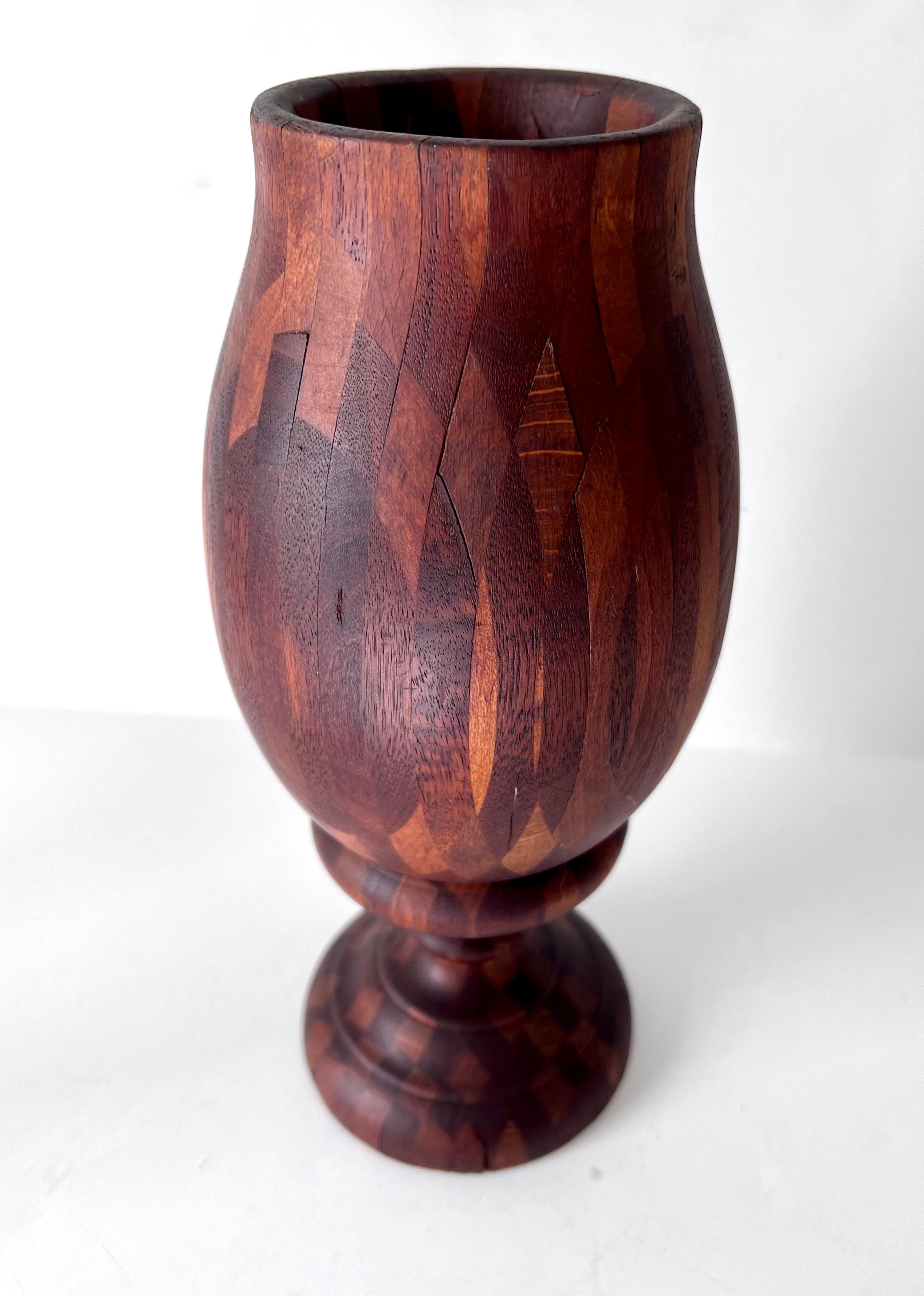 Folk Art Treenware Vase or Urn of Inlay Wood For Sale 4