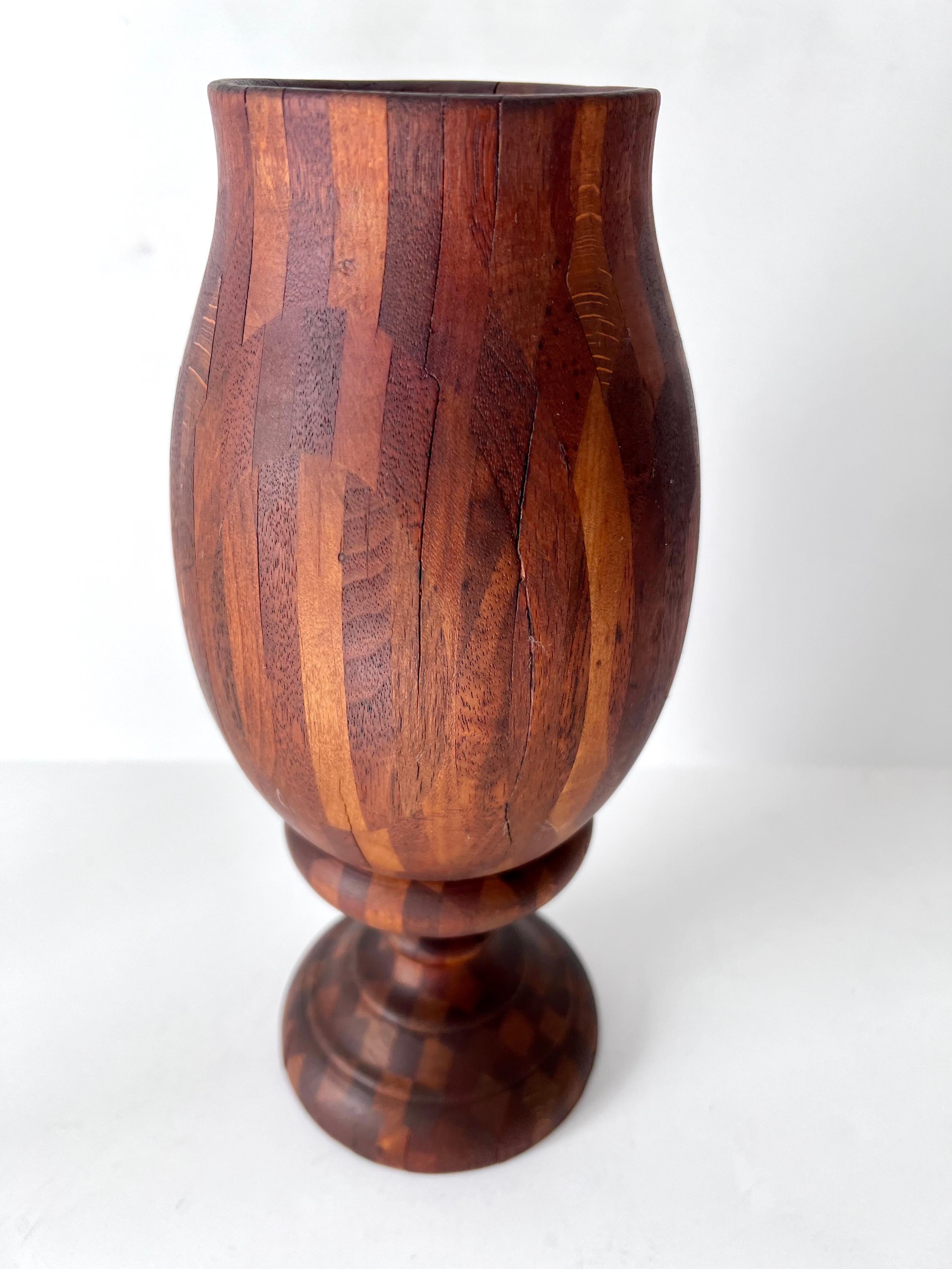 Patinated Folk Art Treenware Vase or Urn of Inlay Wood For Sale