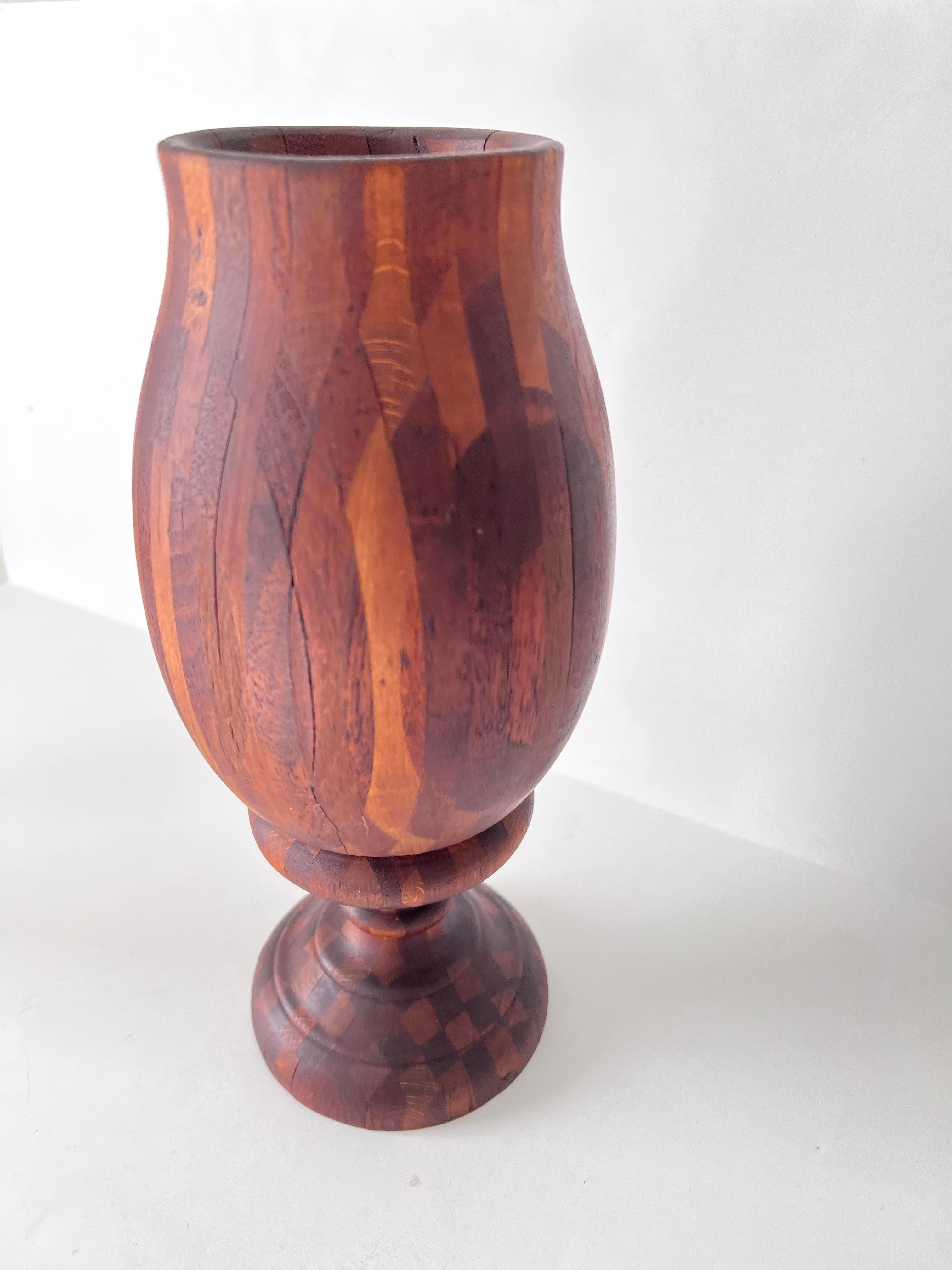 Folk Art Treenware Vase or Urn of Inlay Wood In Good Condition For Sale In Los Angeles, CA
