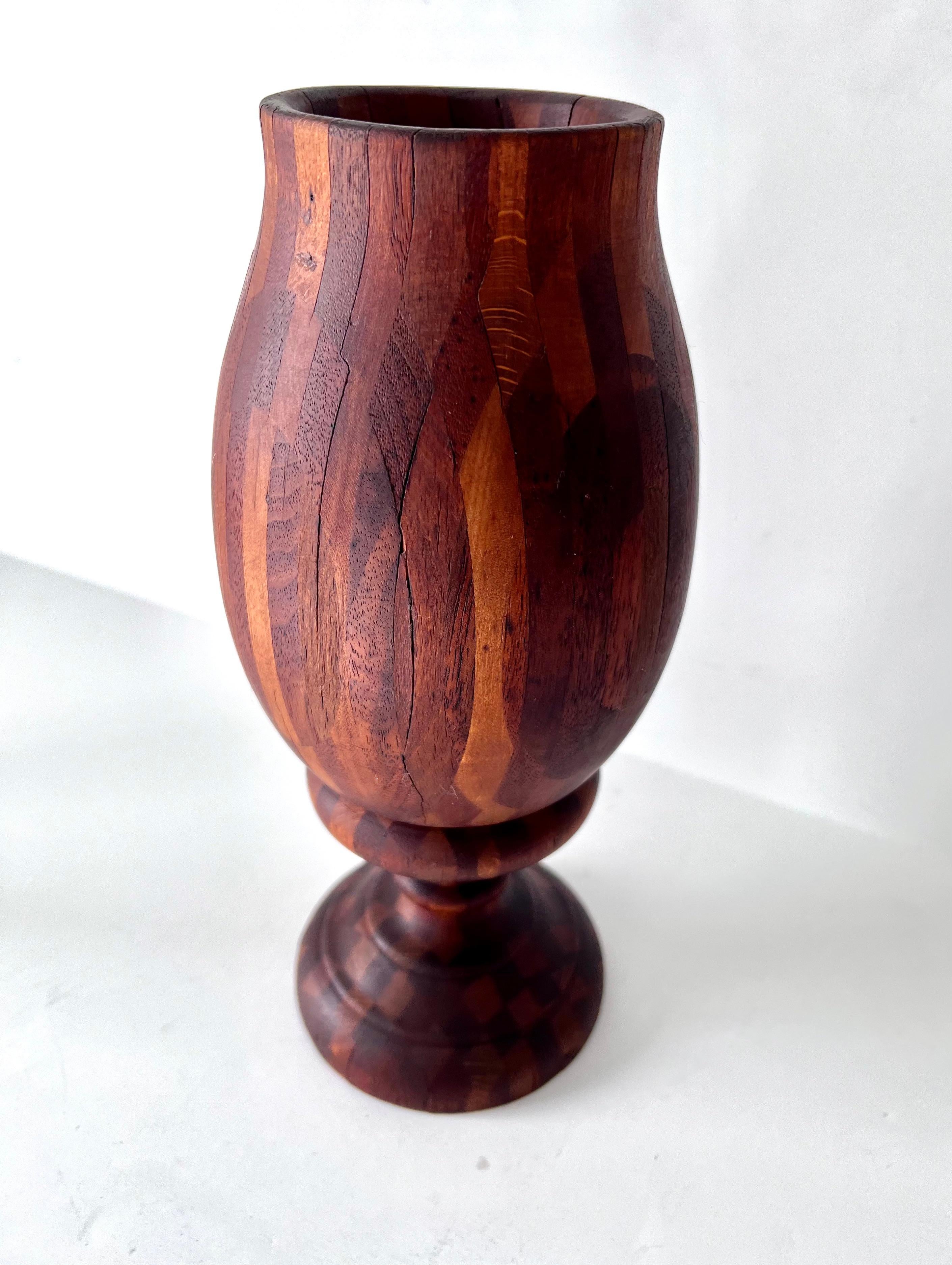 20th Century Folk Art Treenware Vase or Urn of Inlay Wood For Sale