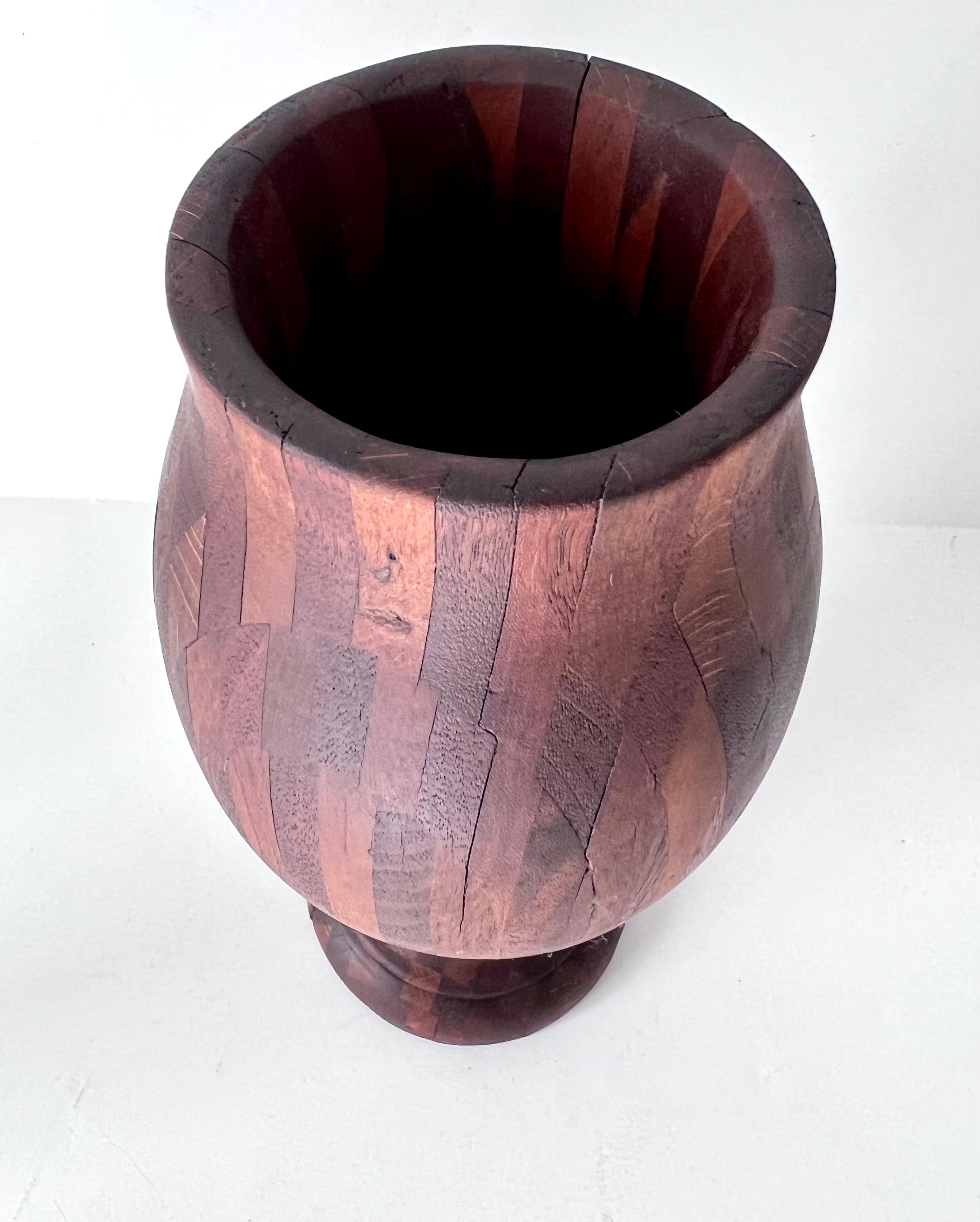 Folk Art Treenware Vase or Urn of Inlay Wood For Sale 1