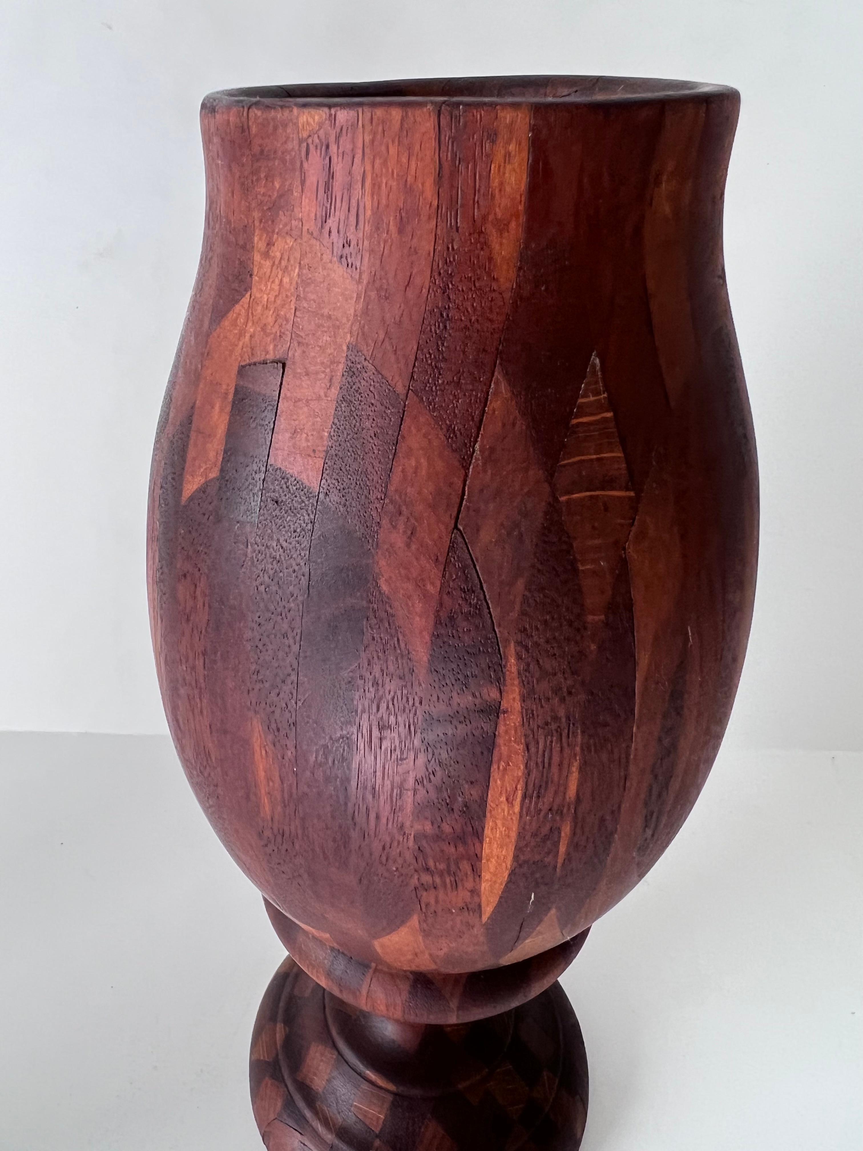 Folk Art Treenware Vase or Urn of Inlay Wood For Sale 2