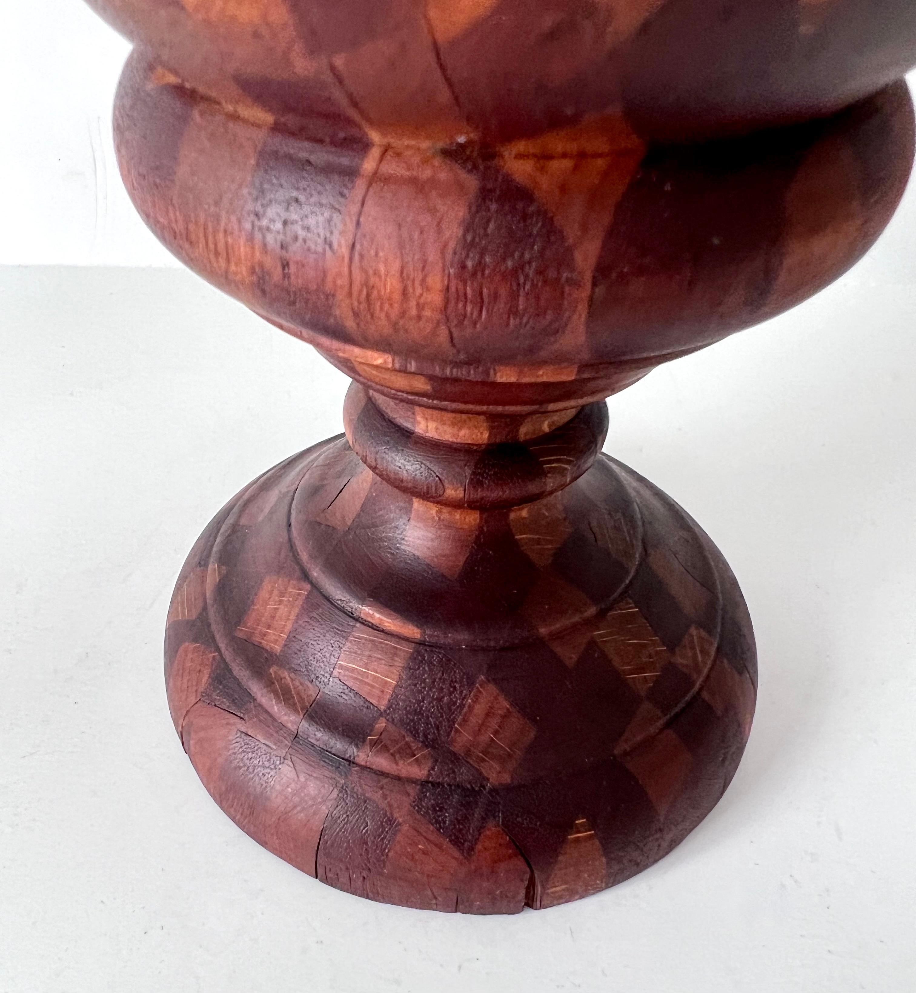 Folk Art Treenware Vase or Urn of Inlay Wood For Sale 3