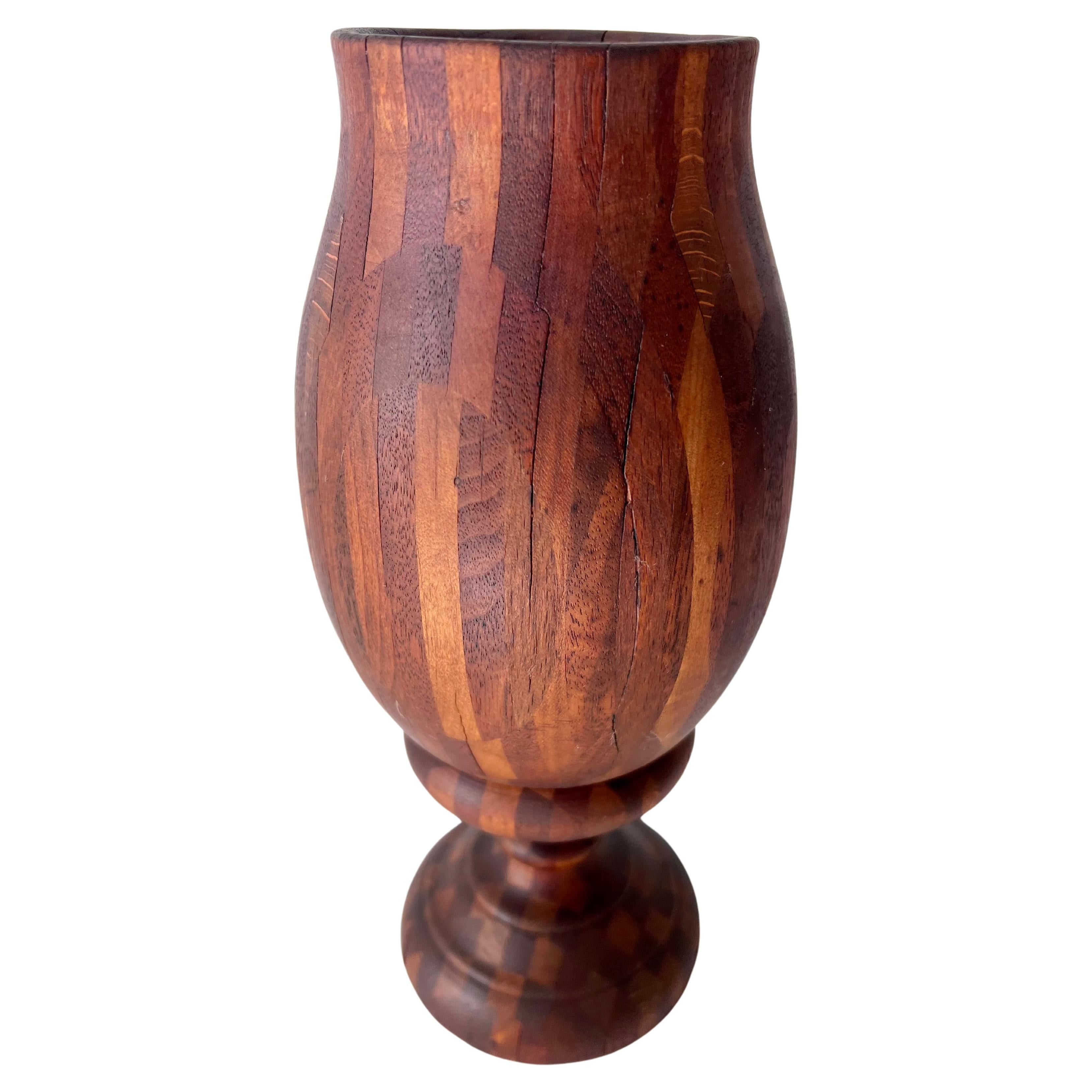 Folk Art Treenware Vase or Urn of Inlay Wood For Sale