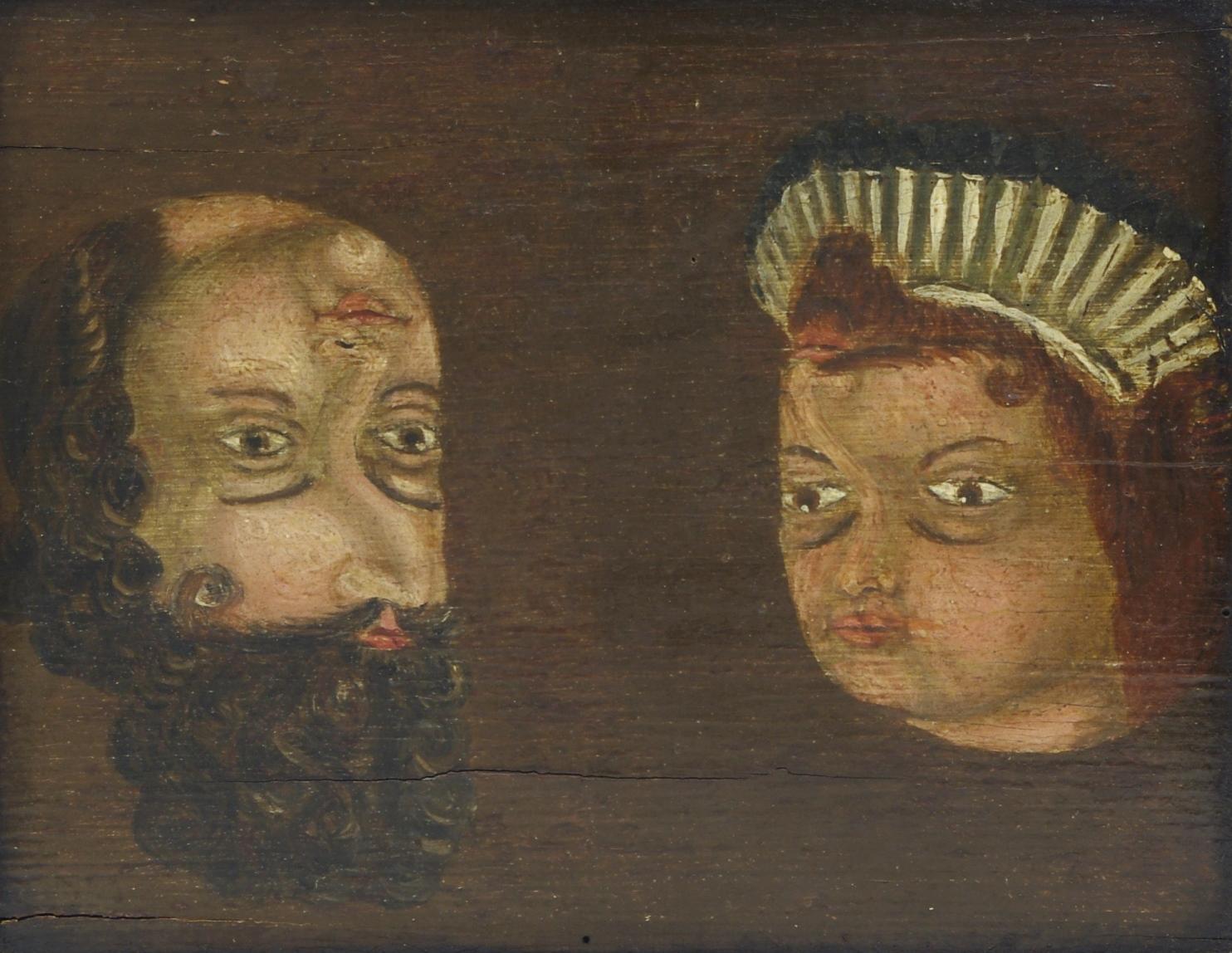 Folk Art trompe l'oeil reversible double portrait, oil on board depicting a man on the left and a woman on the right; when reversed a different man and woman appear; the wormy panel attached to the frame with wrought iron nails. (See