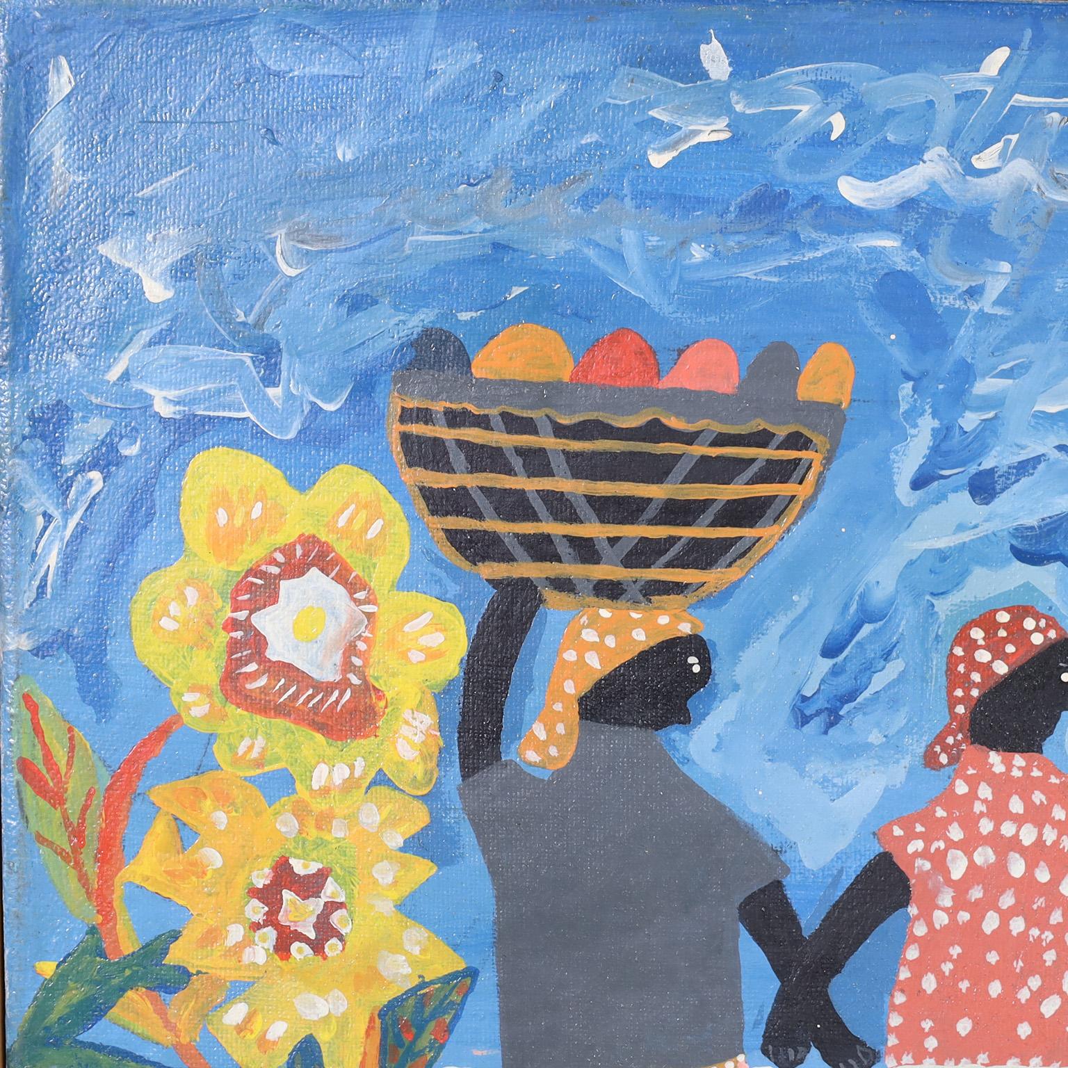 Charmante peinture acrylique sur toile d'un groupe de personnages colorés dans un décor tropical exécutée dans un style naïf. Signée Osnel en bas à droite et présentée dans son cadre en bois d'origine.