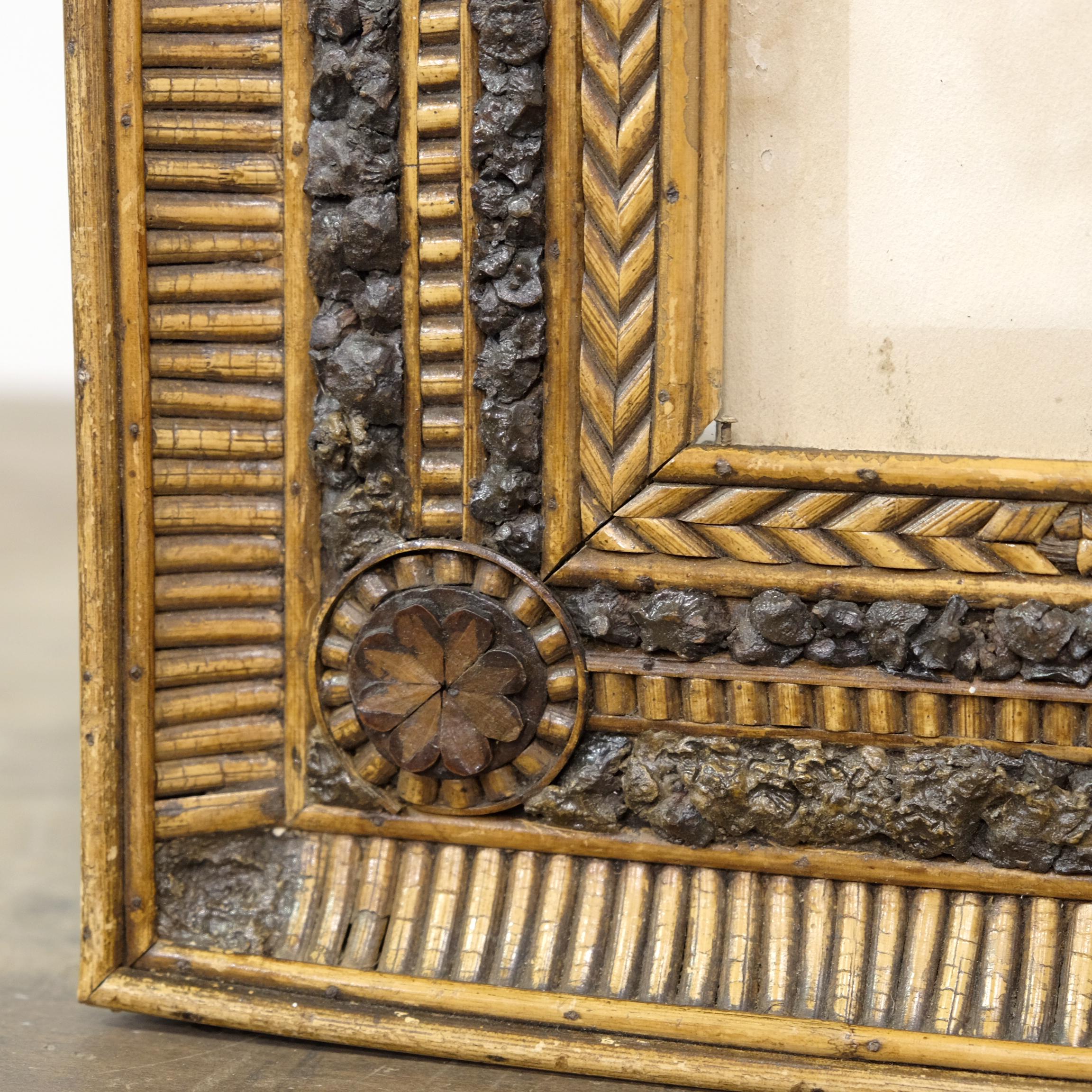 Hand-Crafted Folk Art Twig and Bark Applied Decorative Picture Frame, 19th Century