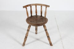 Folk Art Unique Antique Swedish 3-legged Chair of Solid Hand-turned Wood 1850s