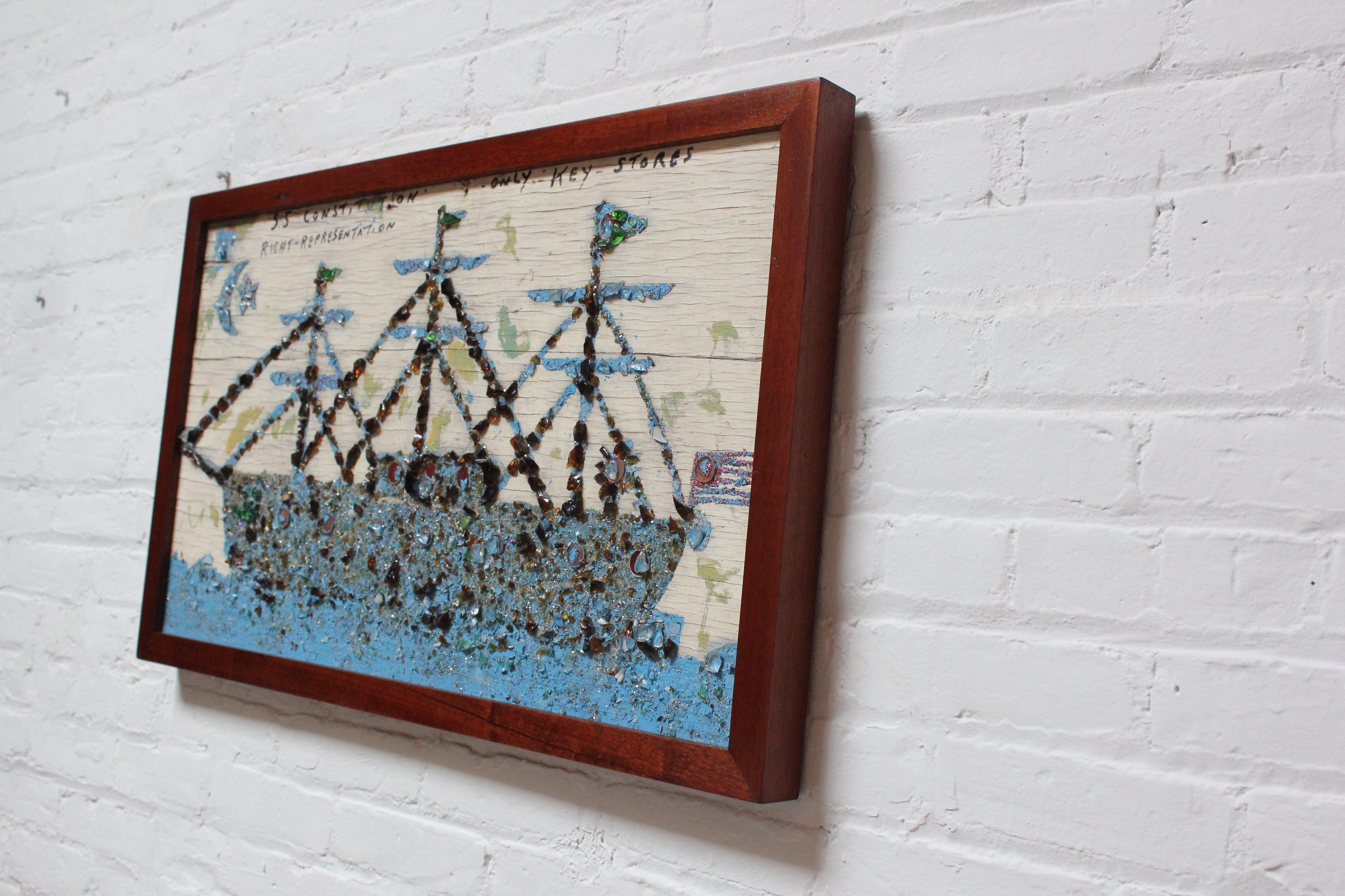 American Folk Art USS Constitution Mixed Media Sea Glass Mosaic on Board For Sale