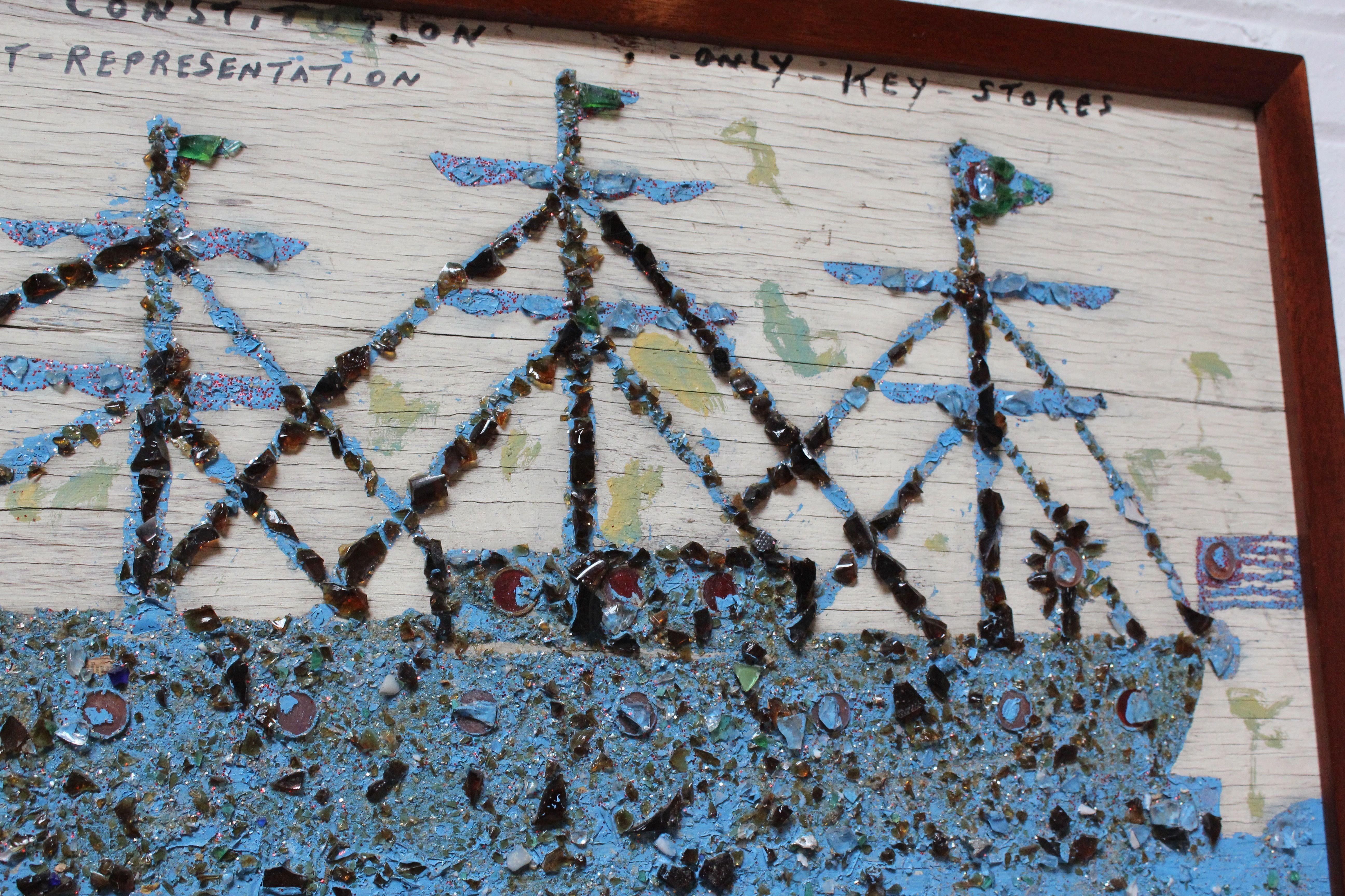 Late 20th Century Folk Art USS Constitution Mixed Media Sea Glass Mosaic on Board For Sale