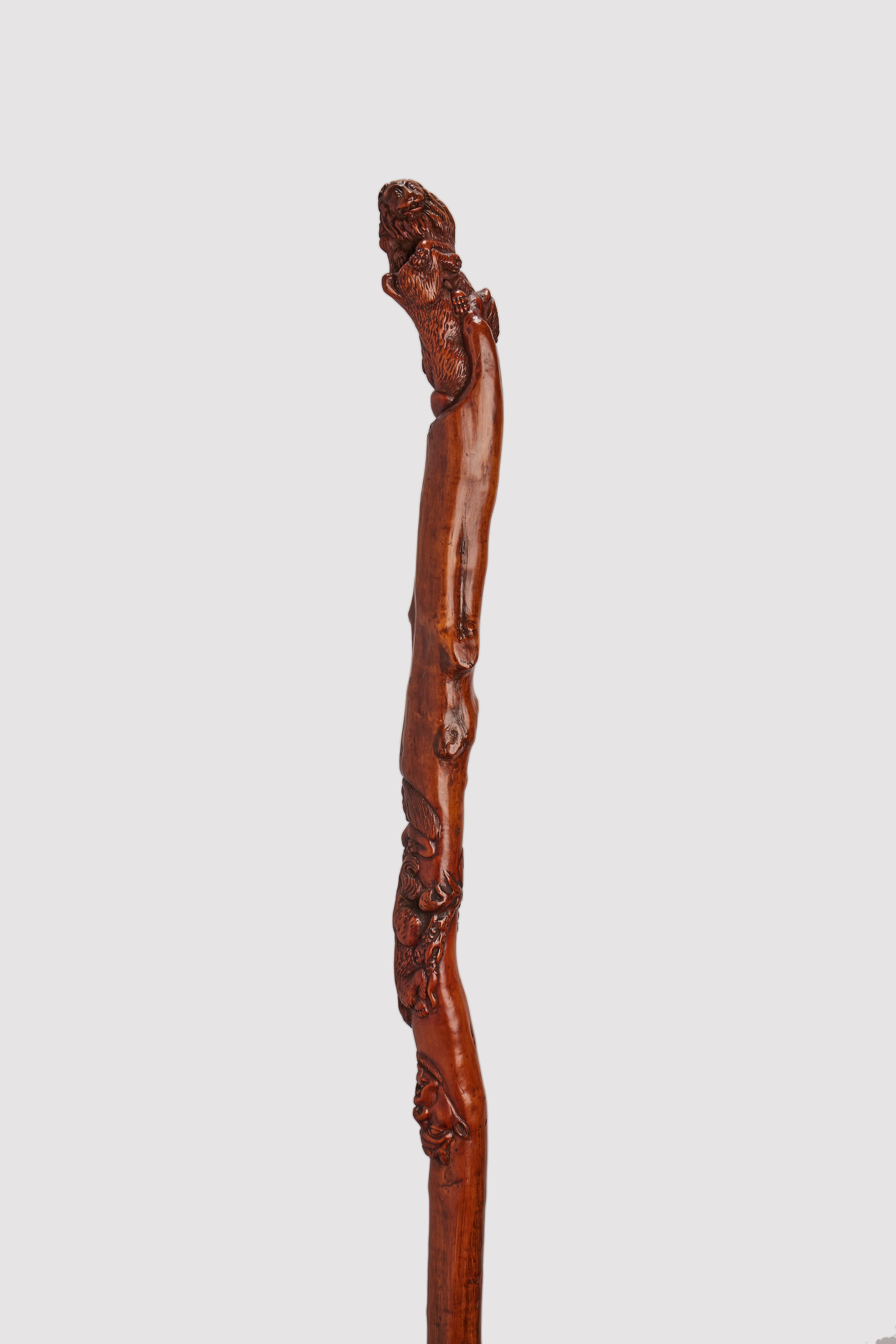 Folk art walking stick: single naturally growing boxwood branch with various angles, punctuated by a series of carvings with different subjects. The all-round handle depicts a fight between lions, underneath, in relief, a complex scene with a