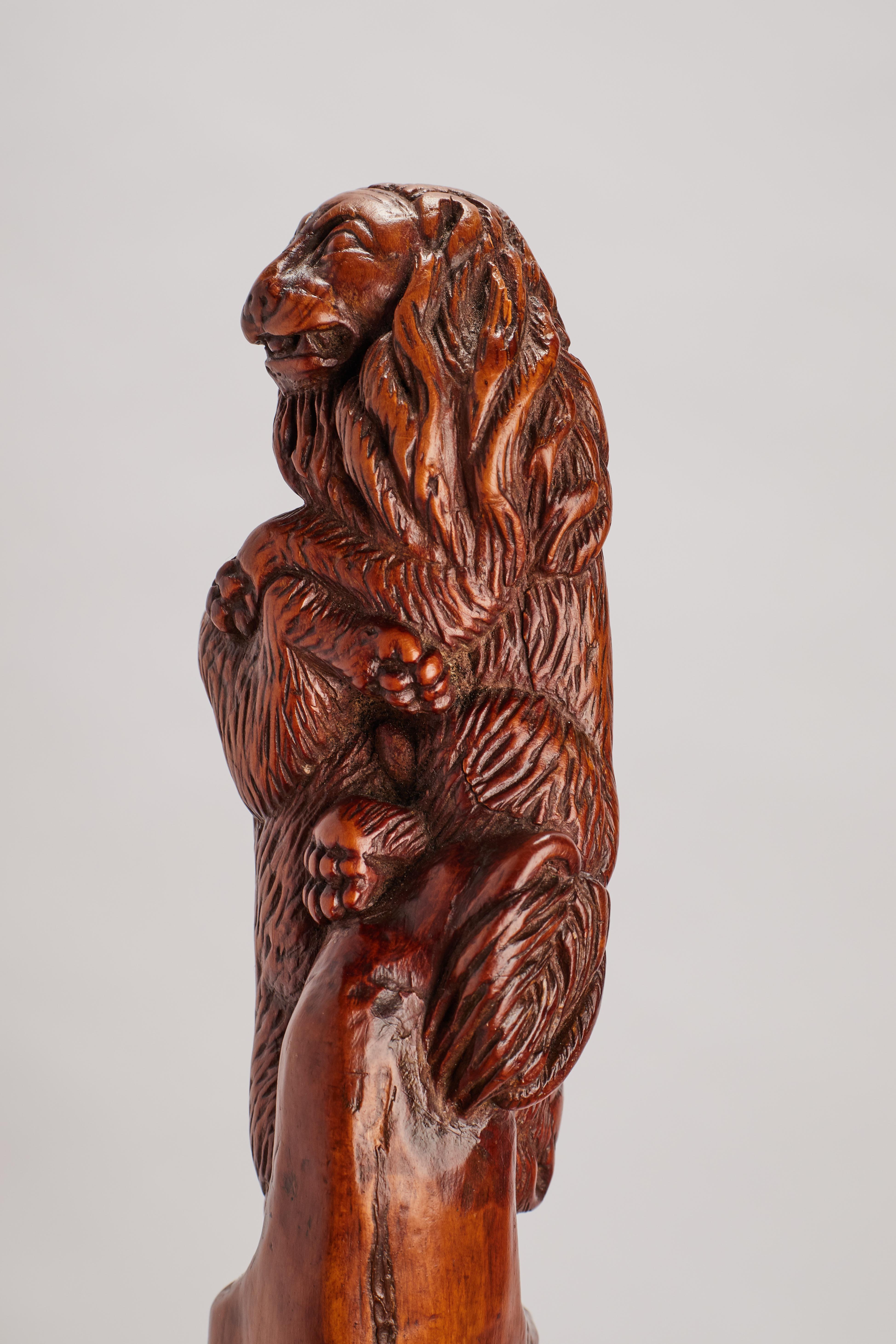 Boxwood Folk art walking stick depicting a fight between lions. Italy 1840.  For Sale