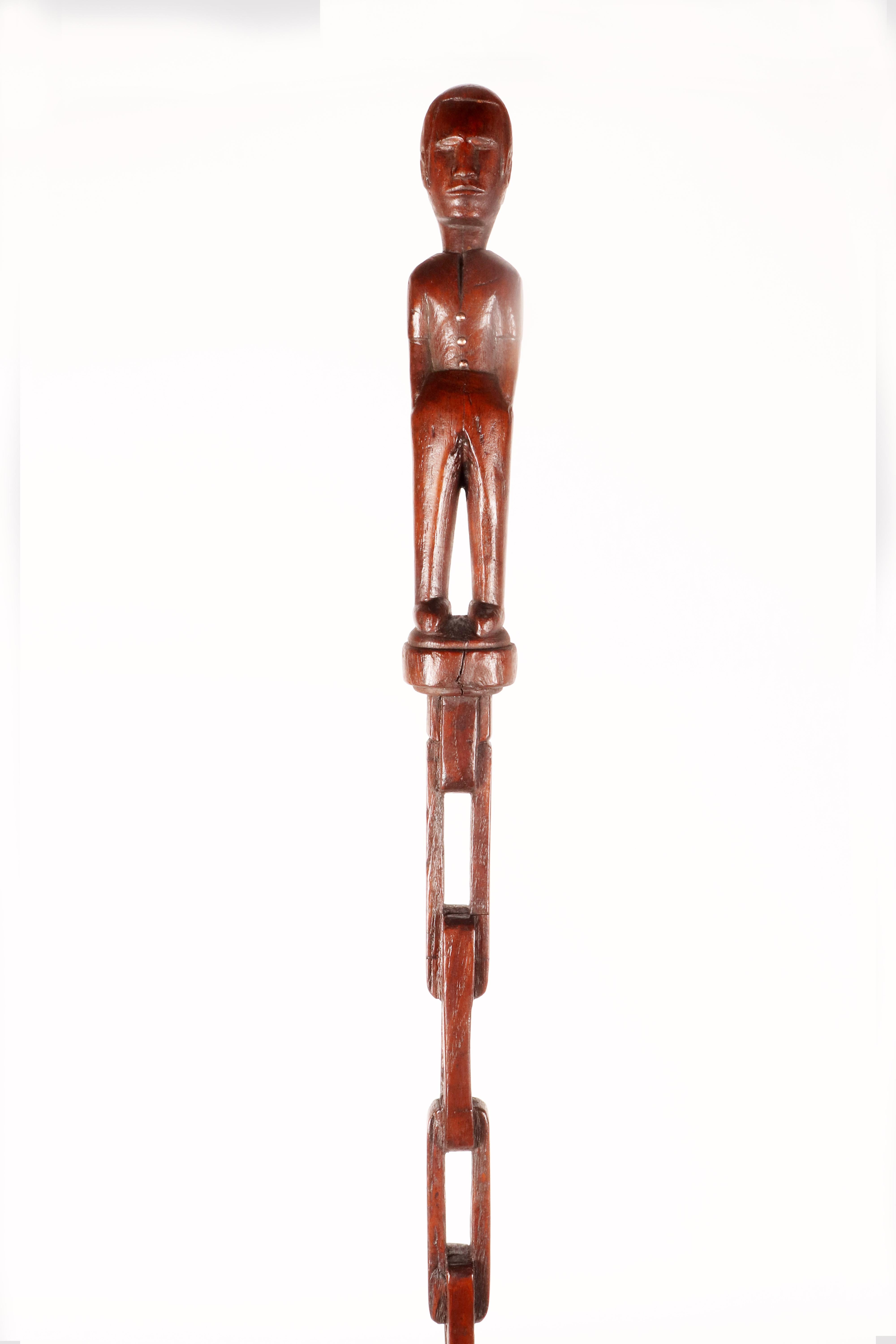Américain Canne d'art populaire représentant un homme sur un manche en forme de chaîne, États-Unis, années 1880. en vente