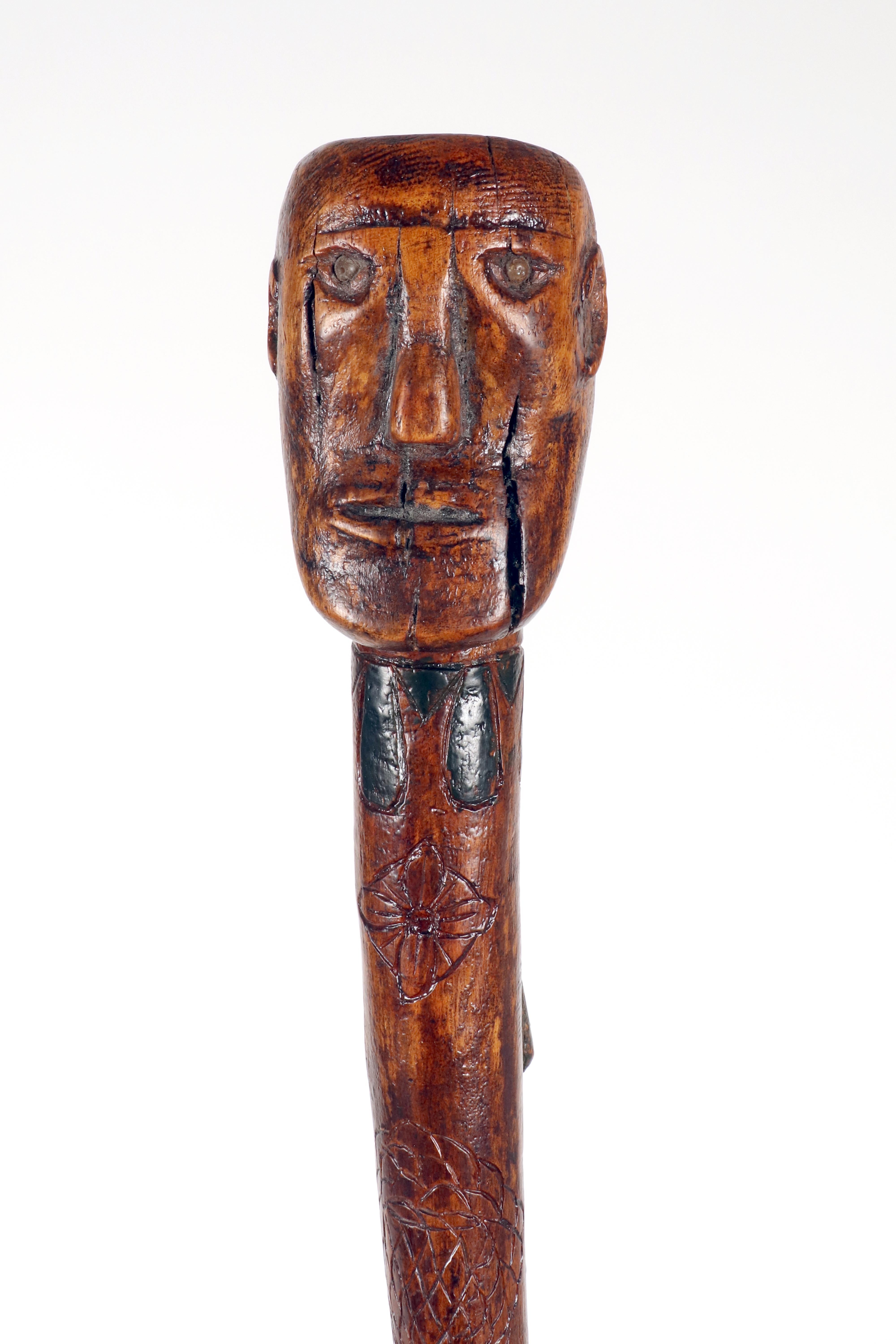 Folk art walking stick depicting a man with a snake. USA circa 1870. For Sale 4