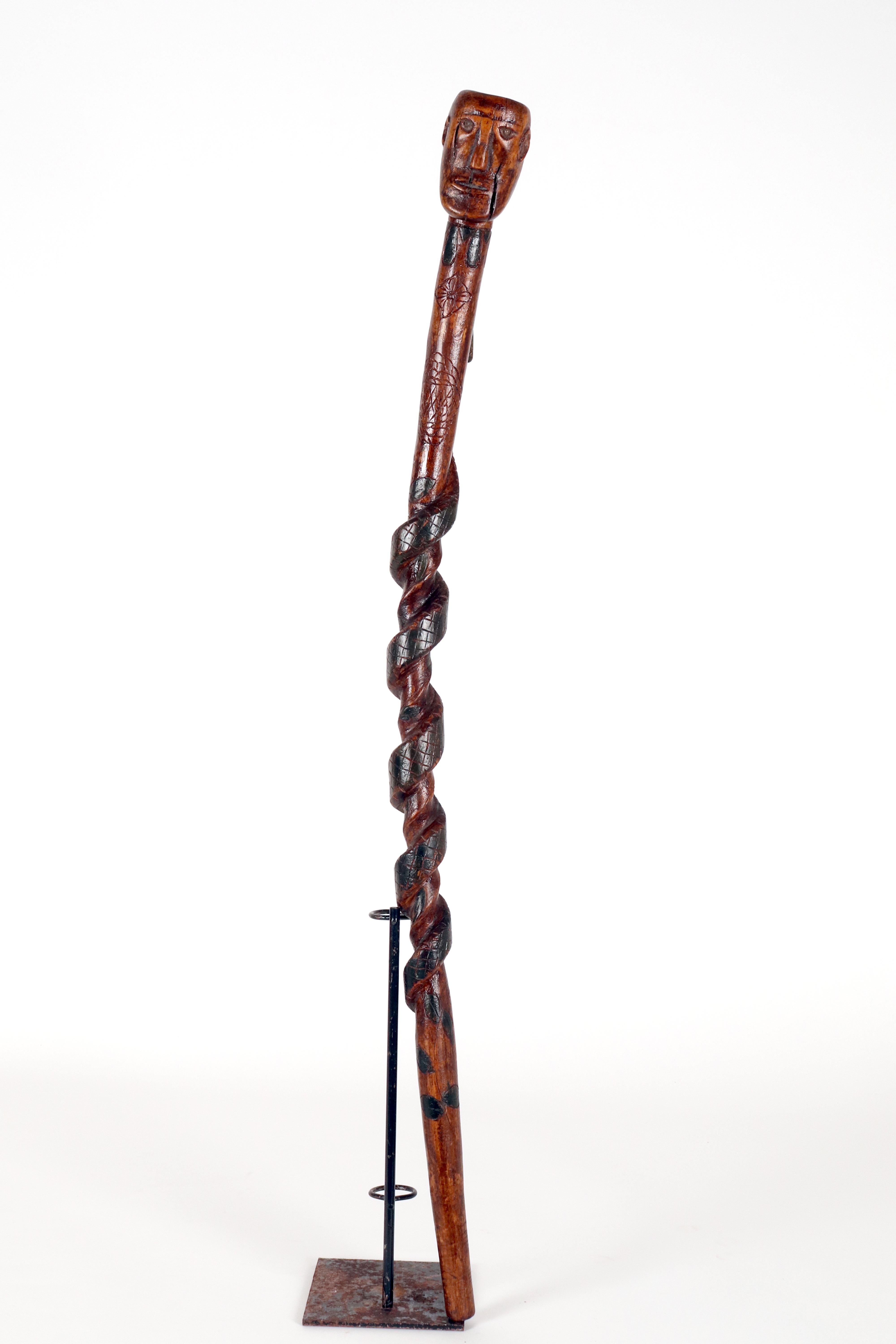 Folk art walking stick depicting a man with a snake. USA circa 1870. For Sale 10