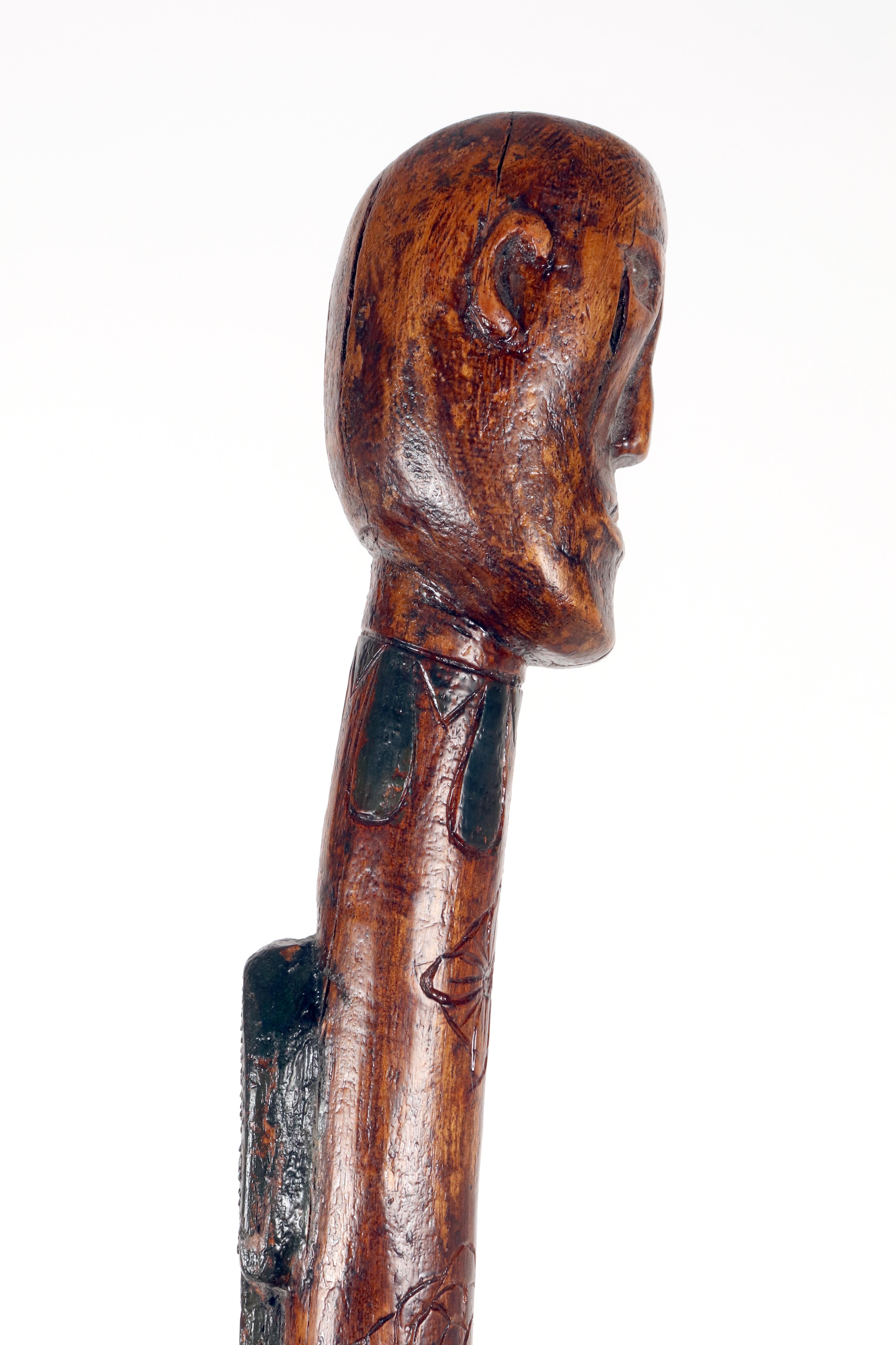 Folk art walking stick depicting a man with a snake. USA circa 1870. For Sale 3