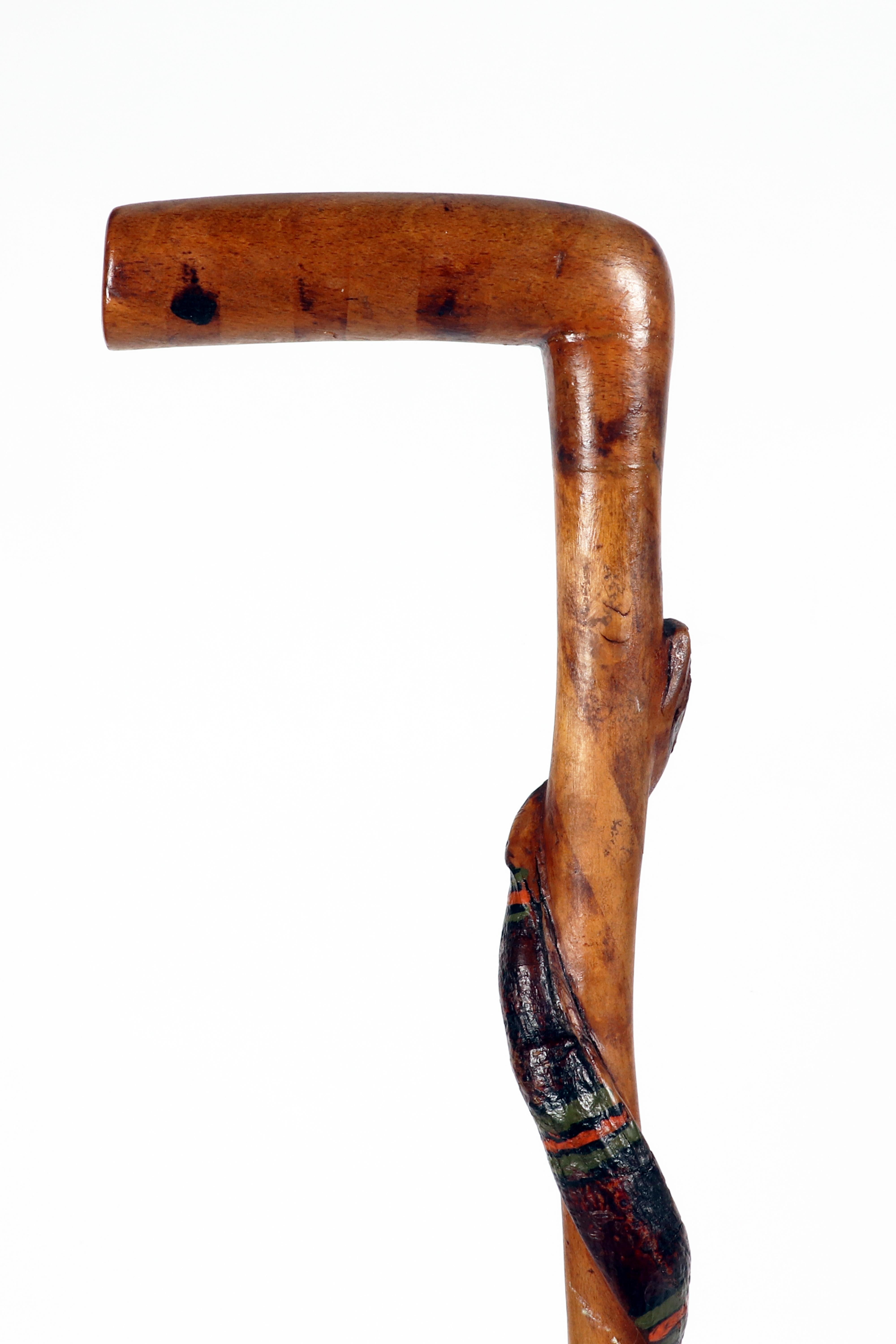 19th Century Folk art walking stick depicting a snake, USA 1800. For Sale
