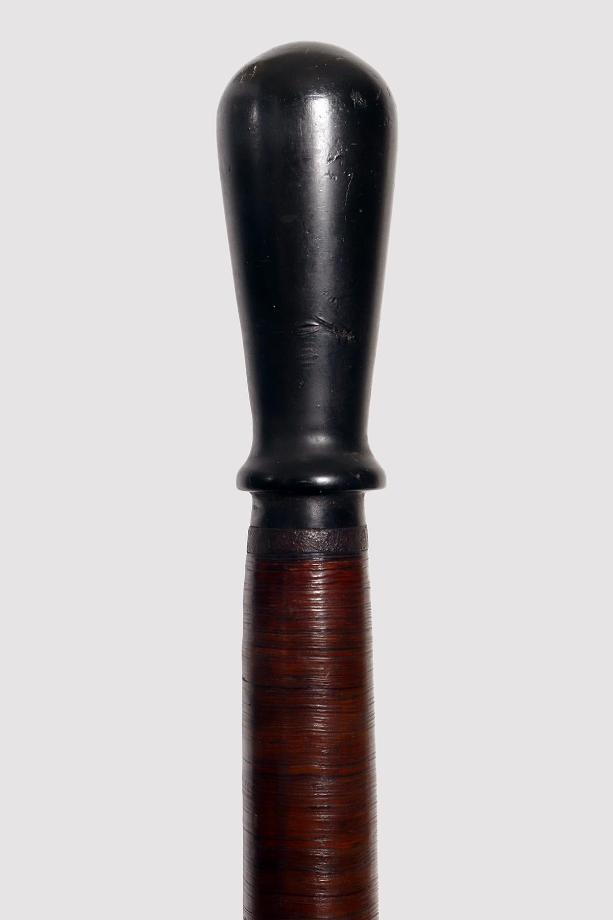 English Folk art  walking stick, leather discs and black horne, England 1860.  For Sale
