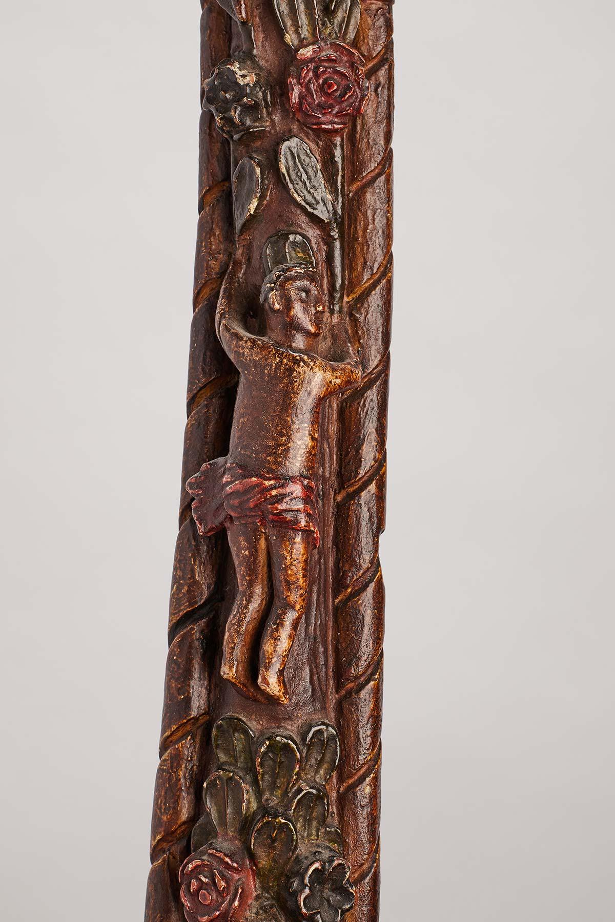 Russian Folk art walking stick depicting flowers and characters, Russia circa 1830. For Sale