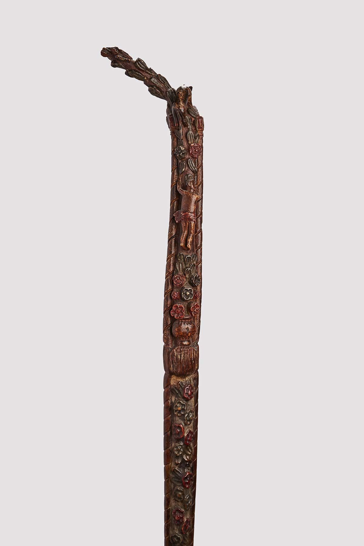 19th Century Folk art walking stick depicting flowers and characters, Russia circa 1830. For Sale