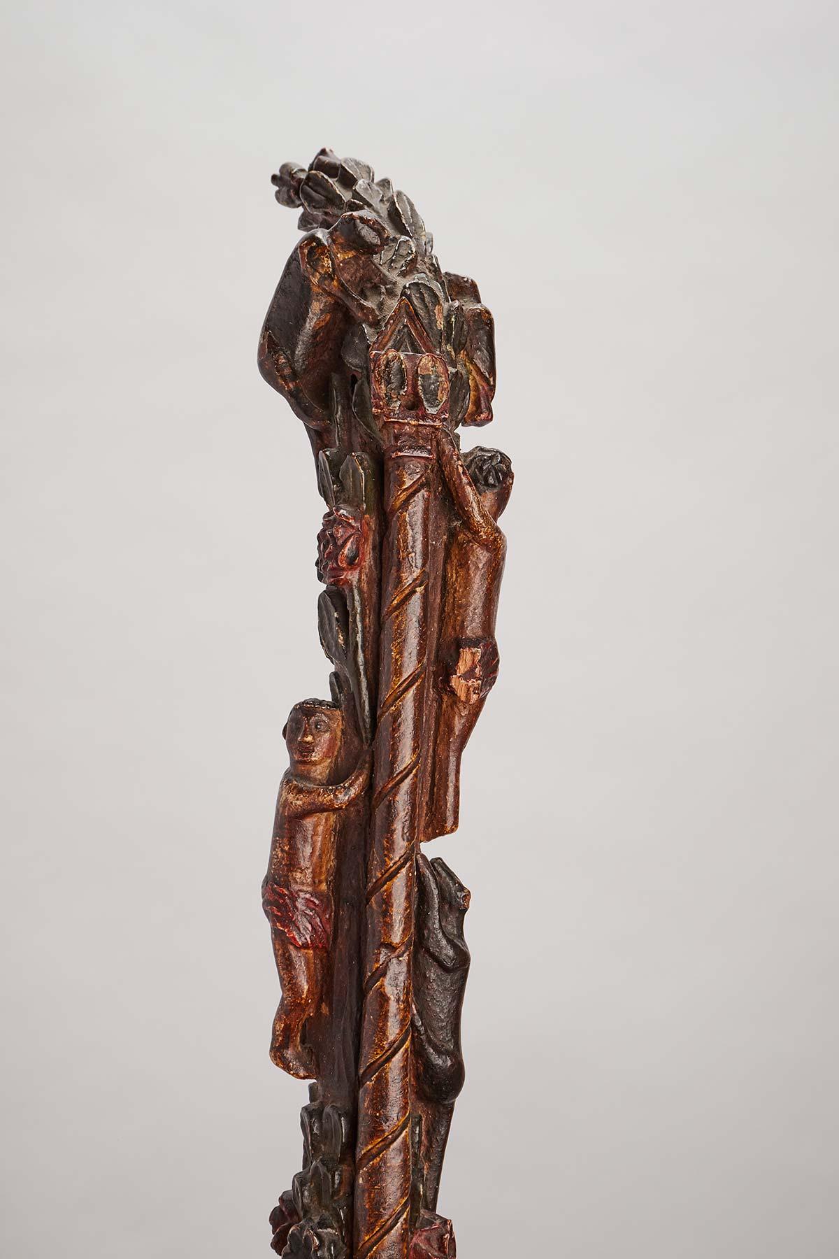 Fruitwood Folk art walking stick depicting flowers and characters, Russia circa 1830. For Sale