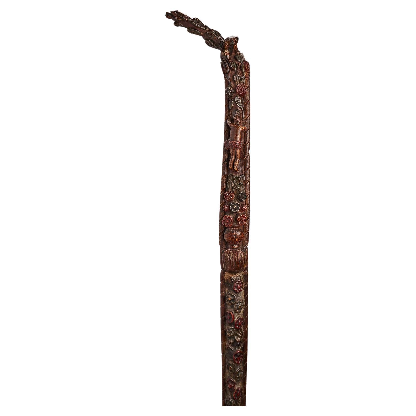 Folk art walking stick depicting flowers and characters, Russia circa 1830. For Sale