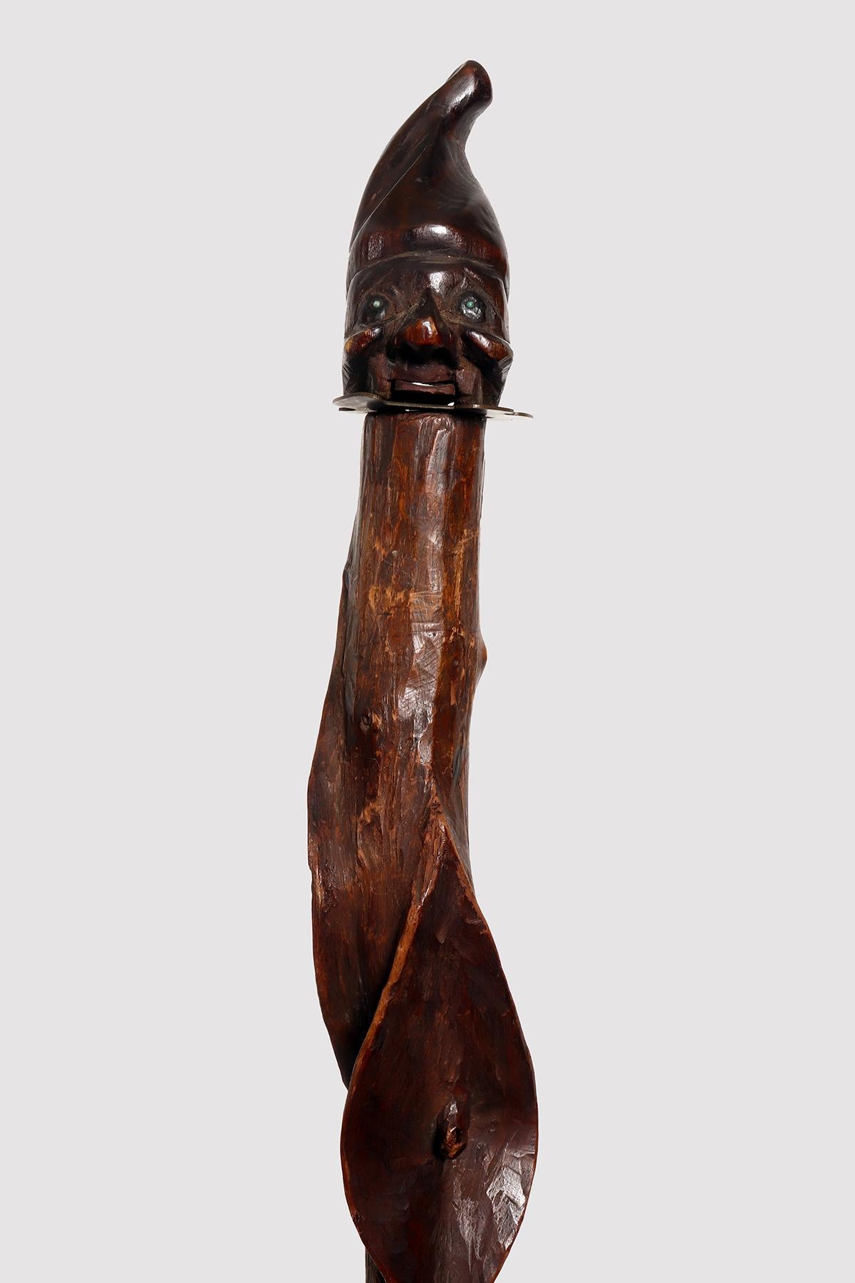 Walking stick system, folk art made from a carved, patinated and waxed fruit wood. Large leaves unfold along the entire stem. The handle is a man's head with a hat, separated from the barrel by a metal plate. A lever placed at the base of the neck