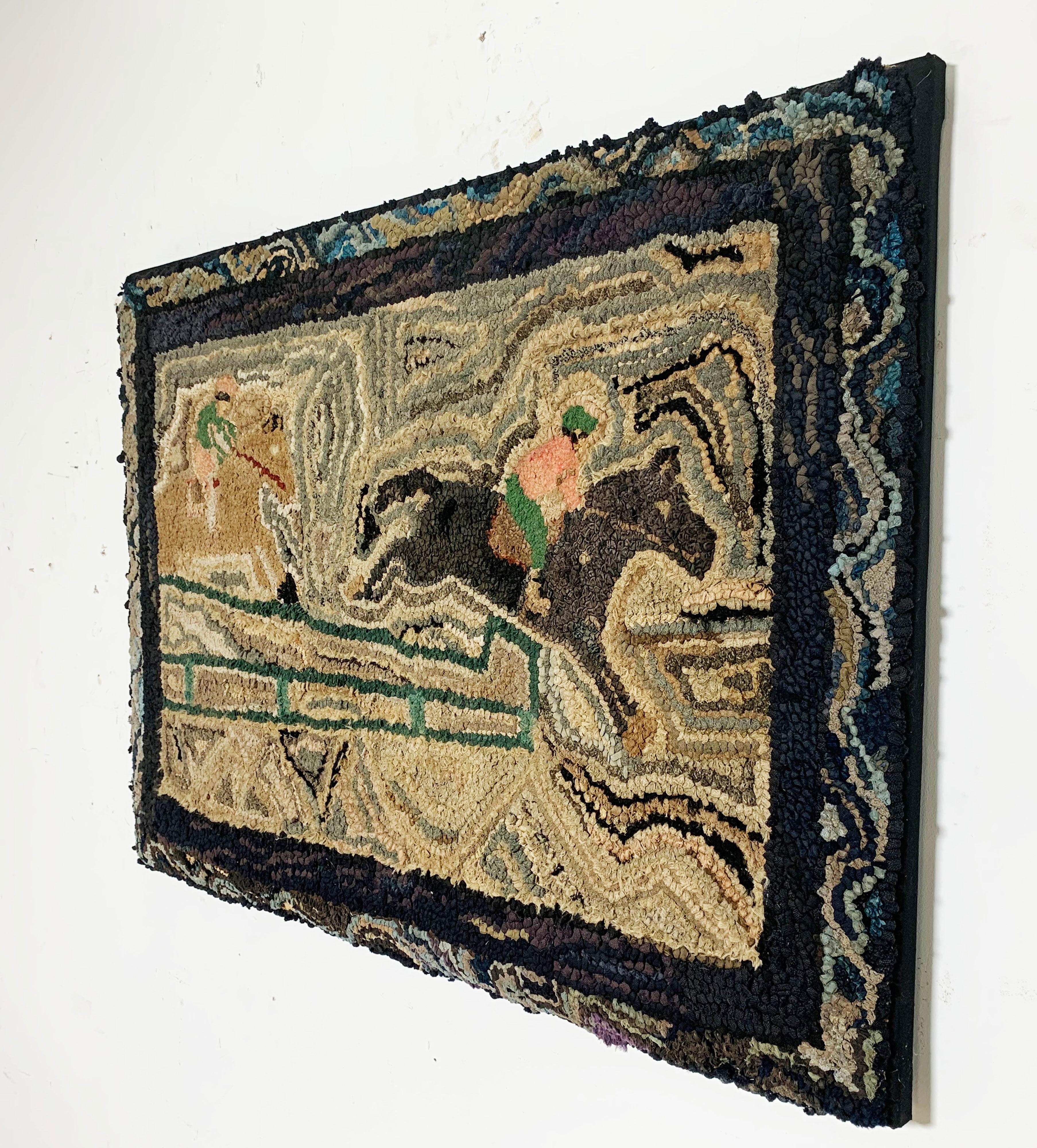 A 1930s era folk art rug depicting steeplechase riders. Recently box mounted and ready to hang.