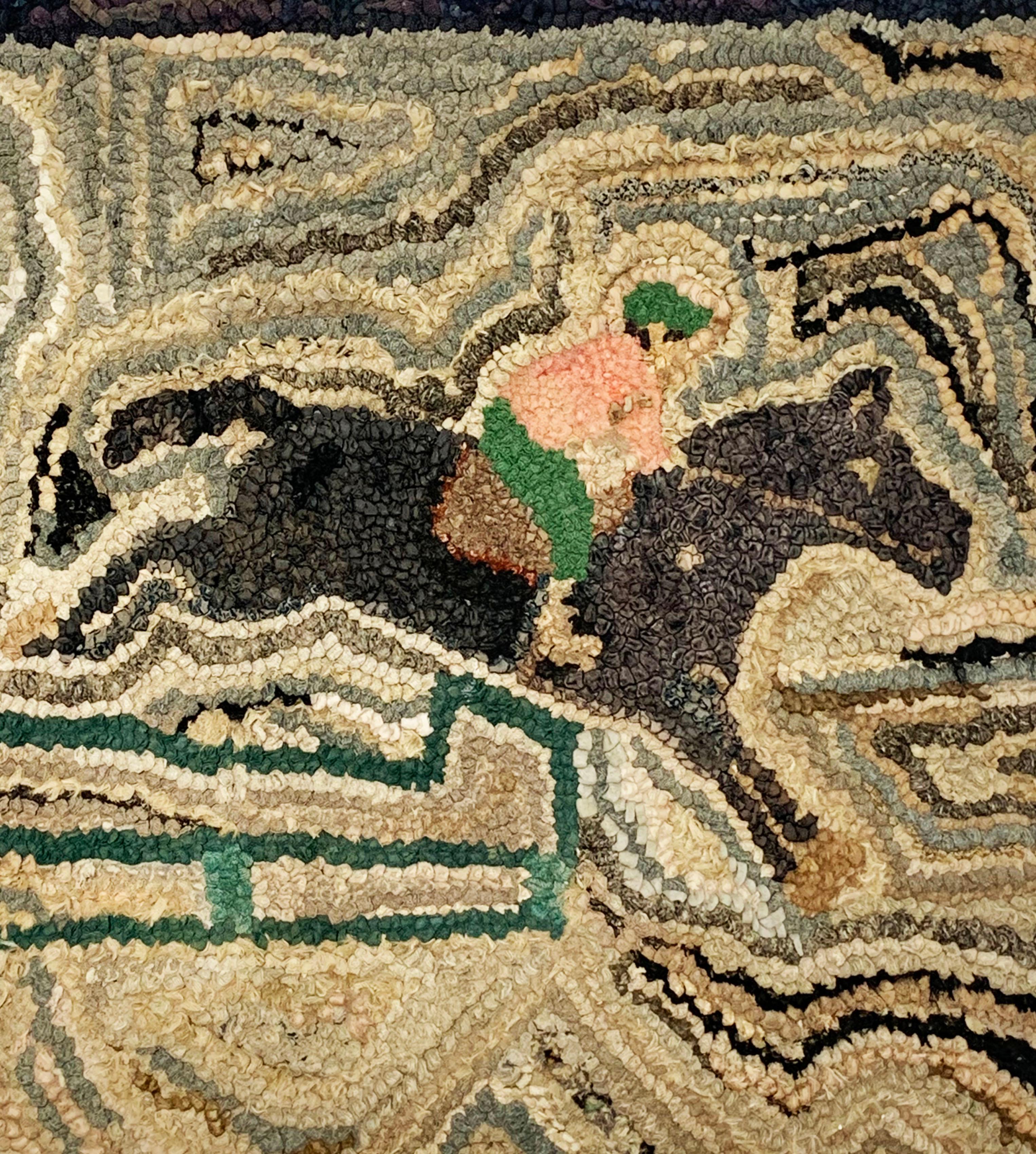 Mid-20th Century Folk Art Wall Mounted Rug Depicting Steeplechase Horse Jumpers, Circa 1930s