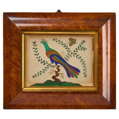 Antique Folk Art Watercolor of a Peacock